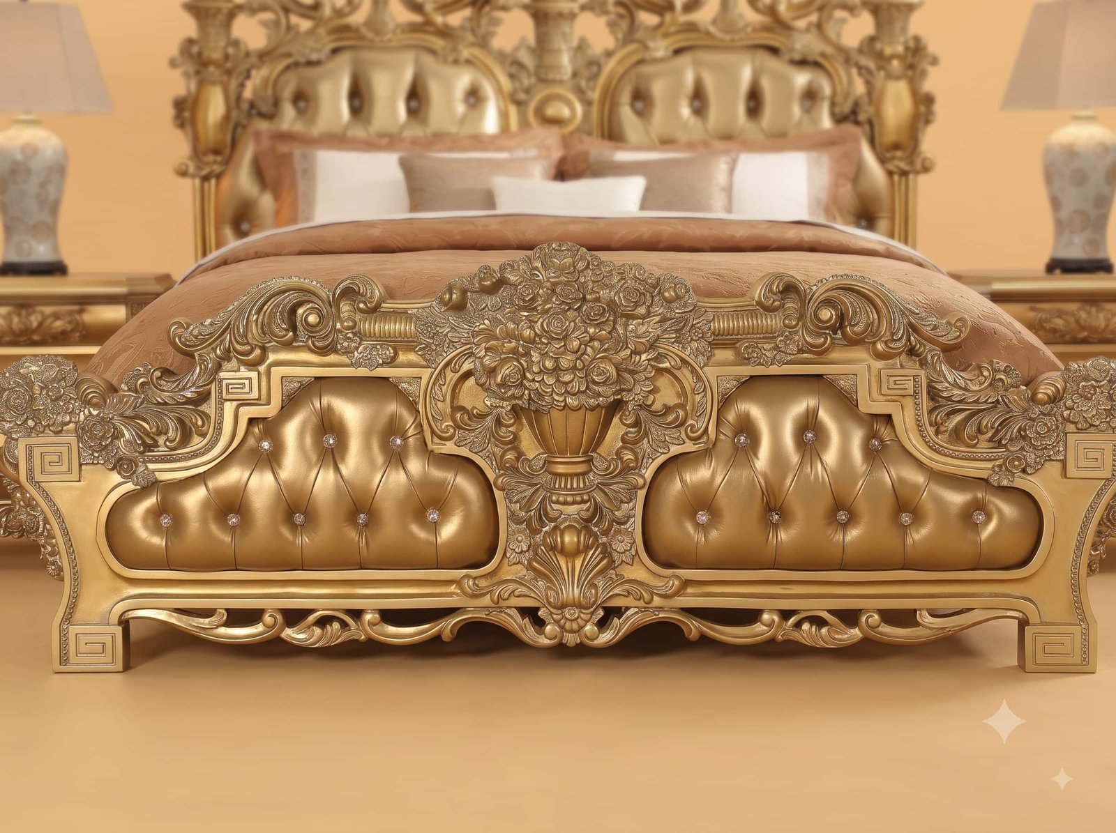 Baroque Bed in Carved Teak - Gold Finish with Greek Key Borders - Image 4