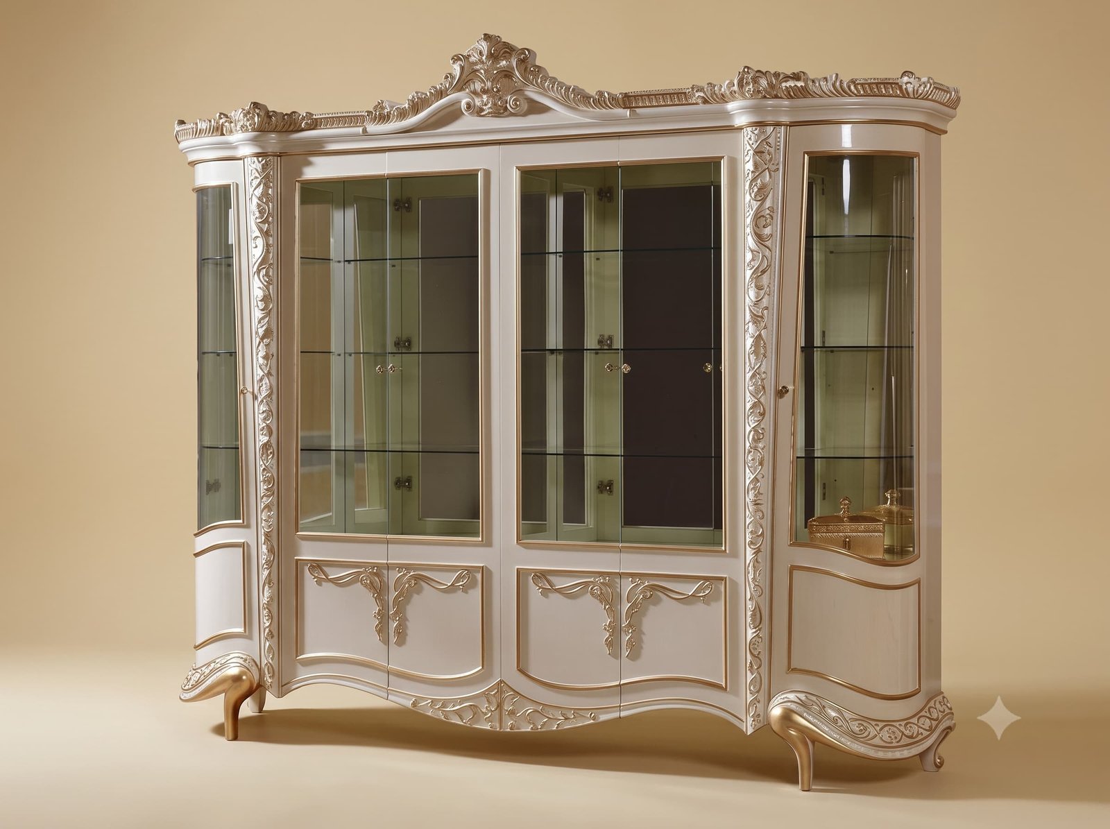 Glass Display Unit with Curved End Bays in Pearl and Champagne