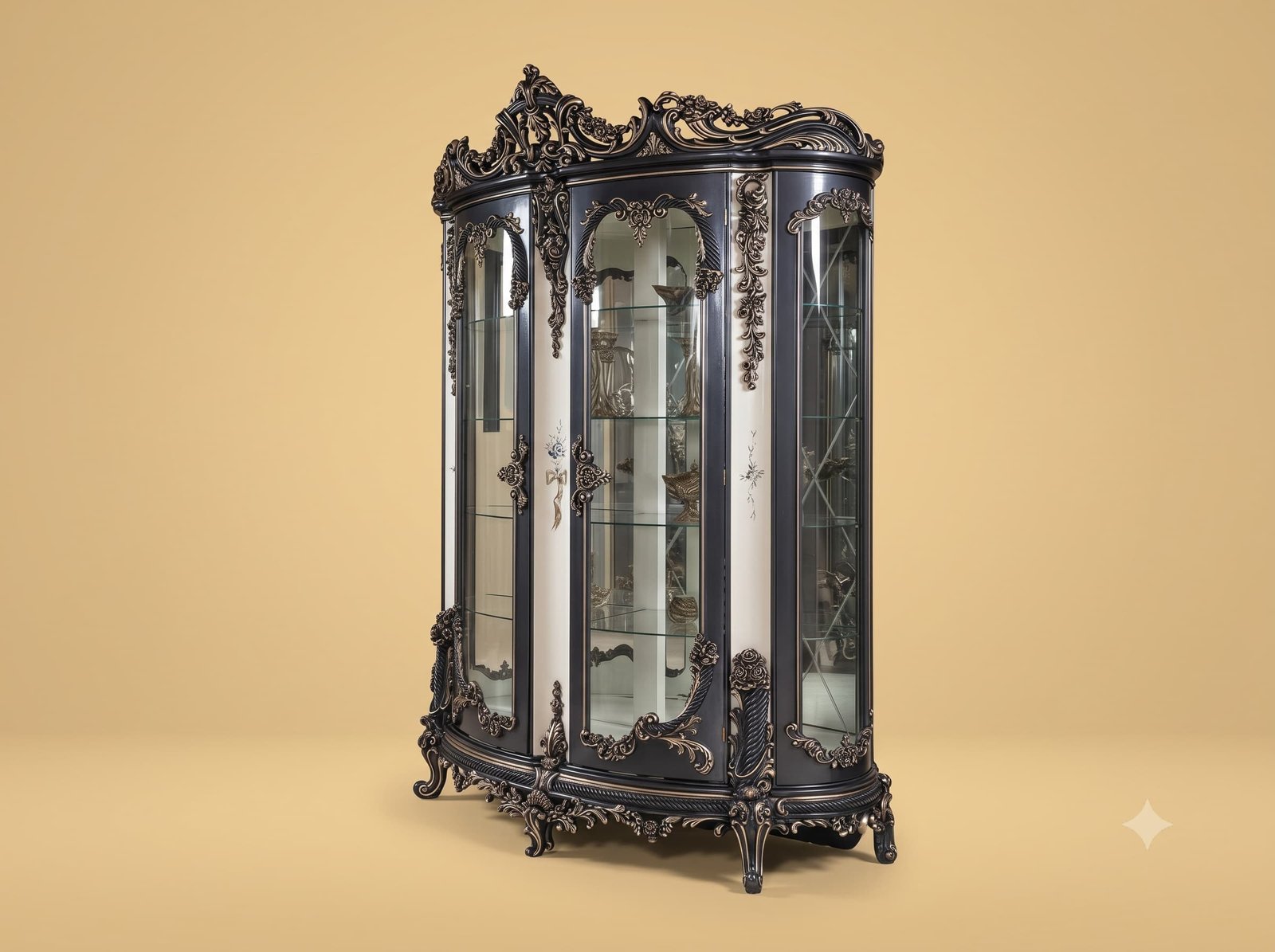 Black Showcase in Carved Teak with Curved Glass and Silver Carving