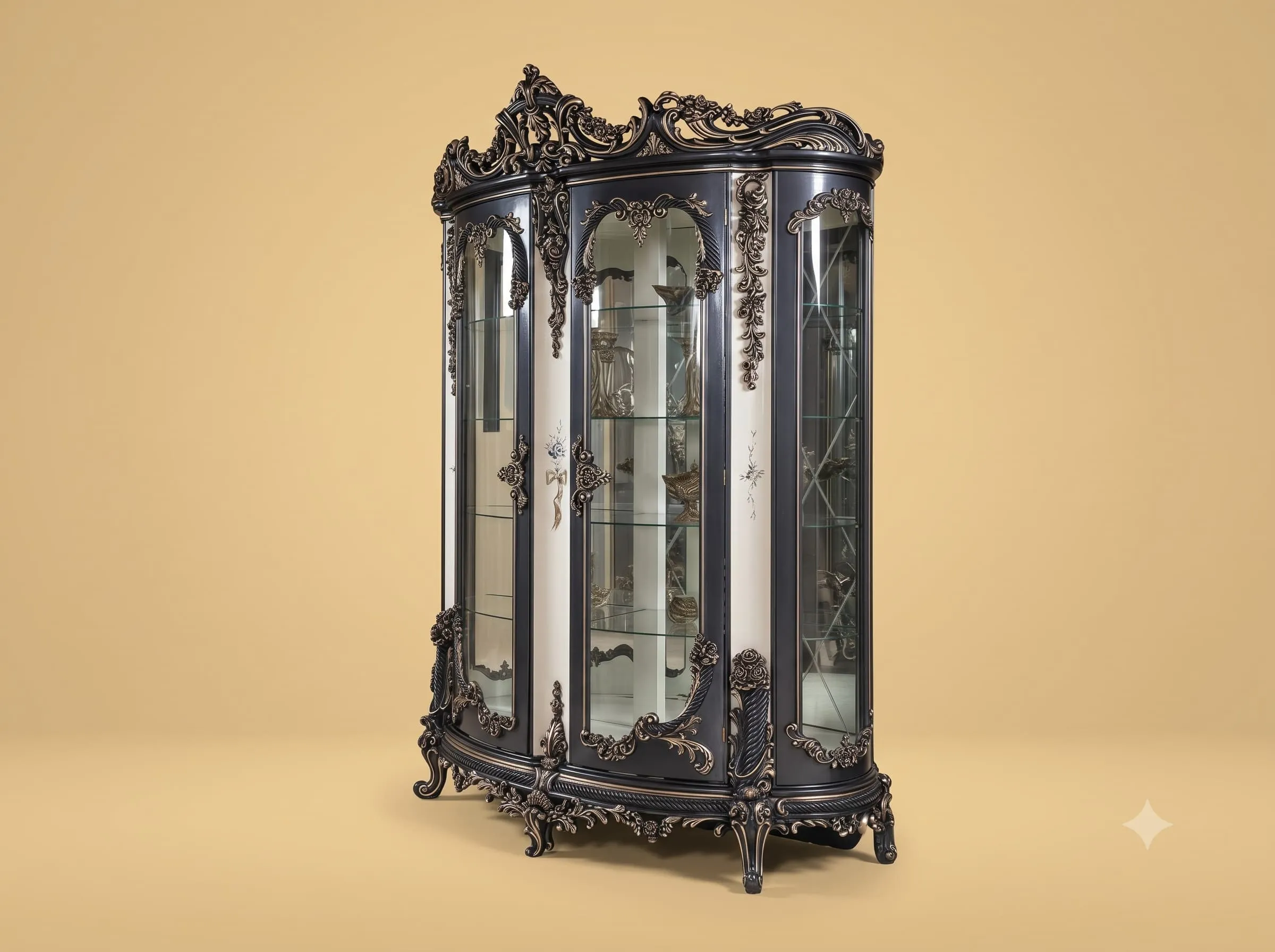 Black Showcase in Carved Teak with Curved Glass and Silver Carving