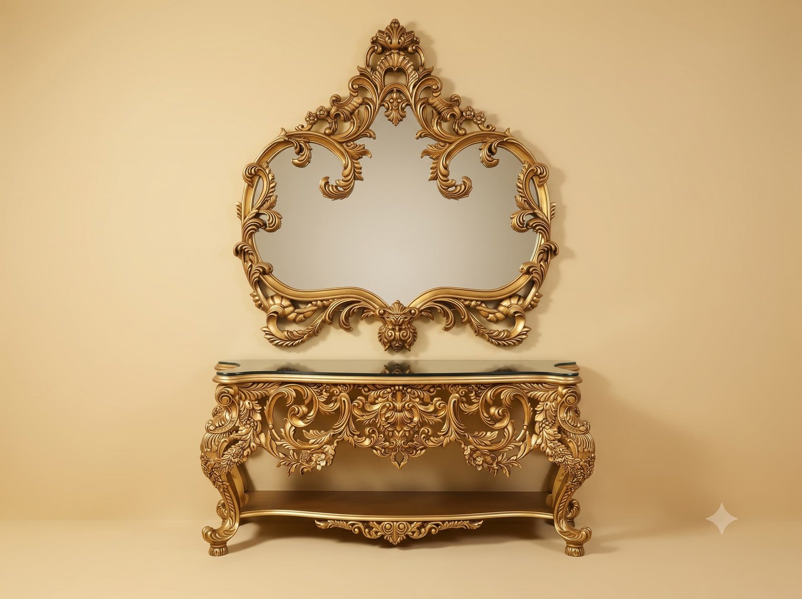 Console Table with Mirror in Gilded Teak with Carved Apron