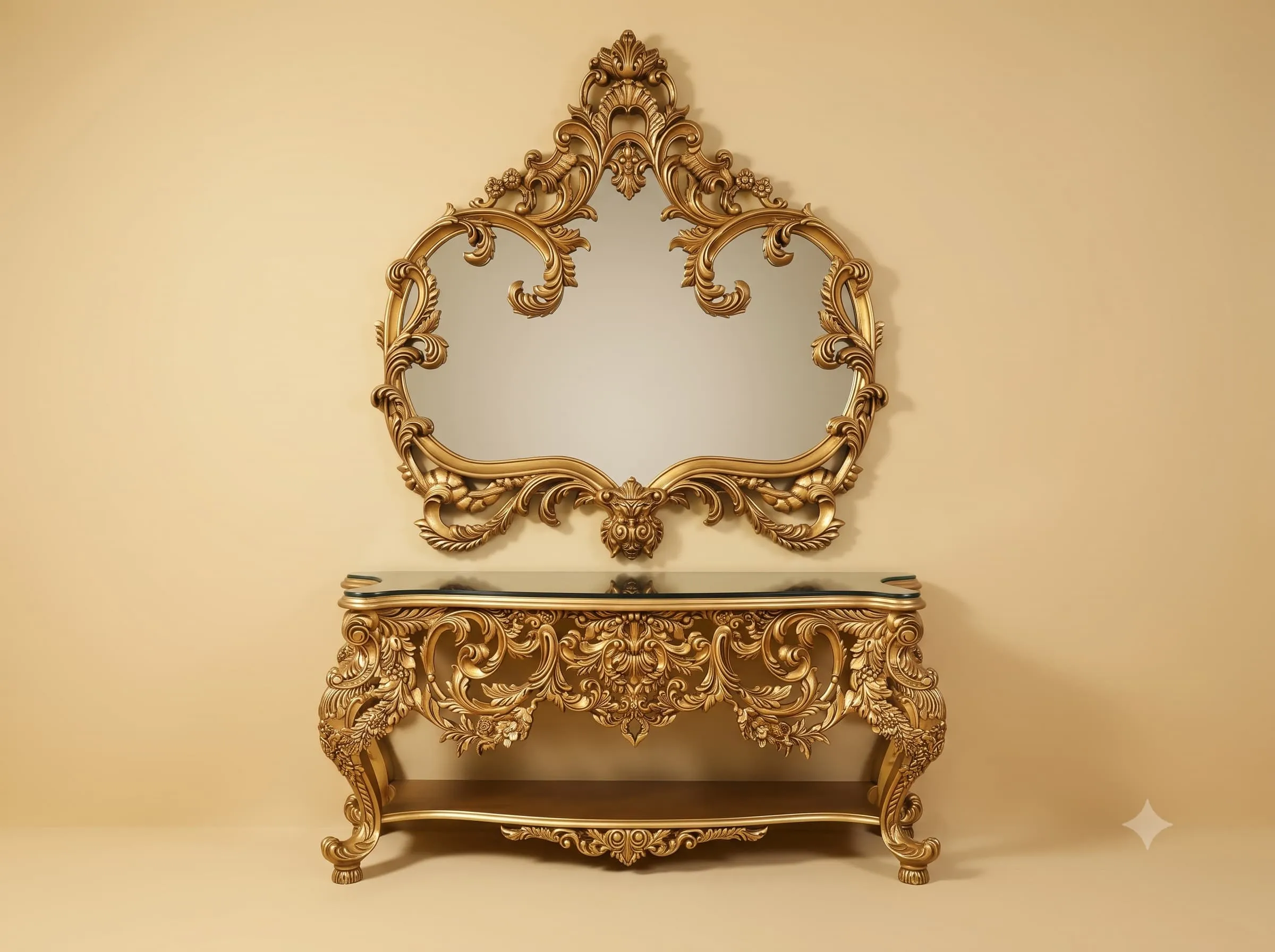 Console Table with Mirror in Gilded Teak with Carved Apron