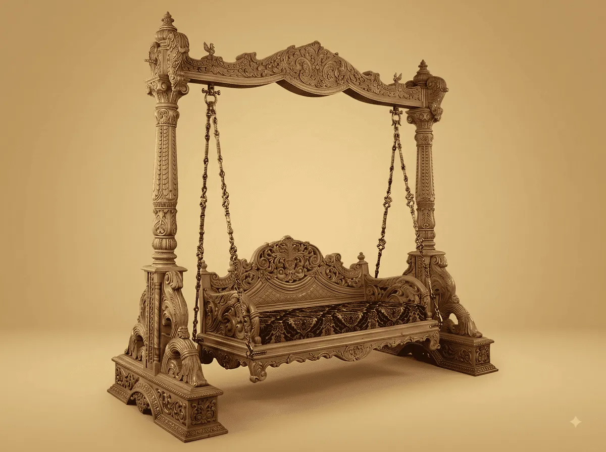 Jhula Swing in Carved Teak - Serpentine Valance Frame with Fluted Columns