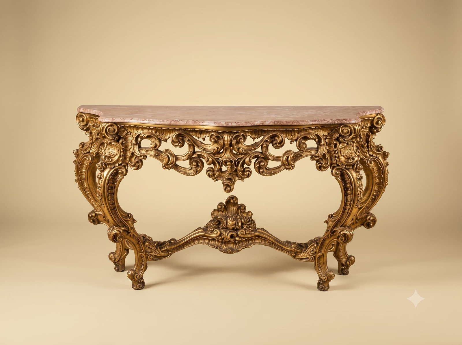 Carved Console Table in Gilded Teak with Pink Marble Top