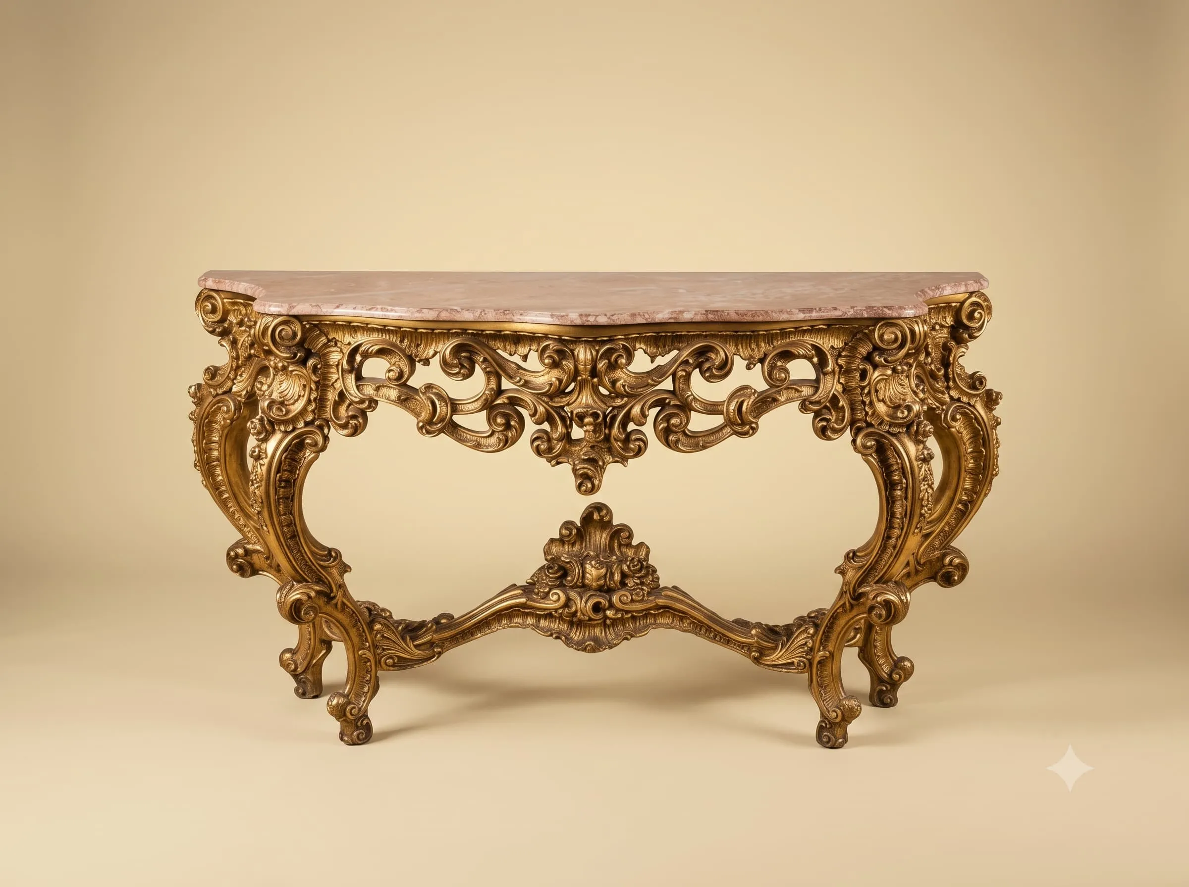 Carved Console Table in Gilded Teak with Pink Marble Top