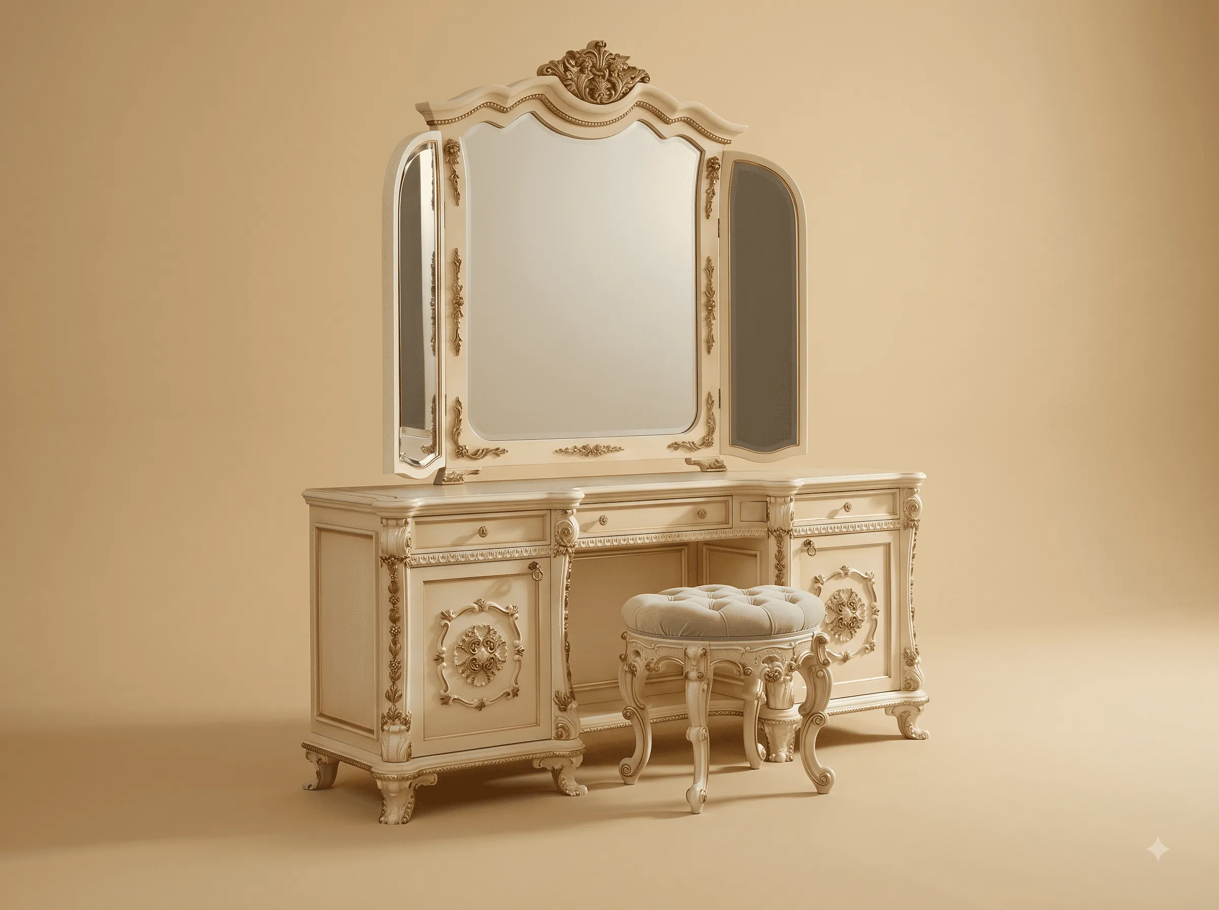 Three Way Mirror Dressing Table in Carved Teak - Cream with Gold Rosettes