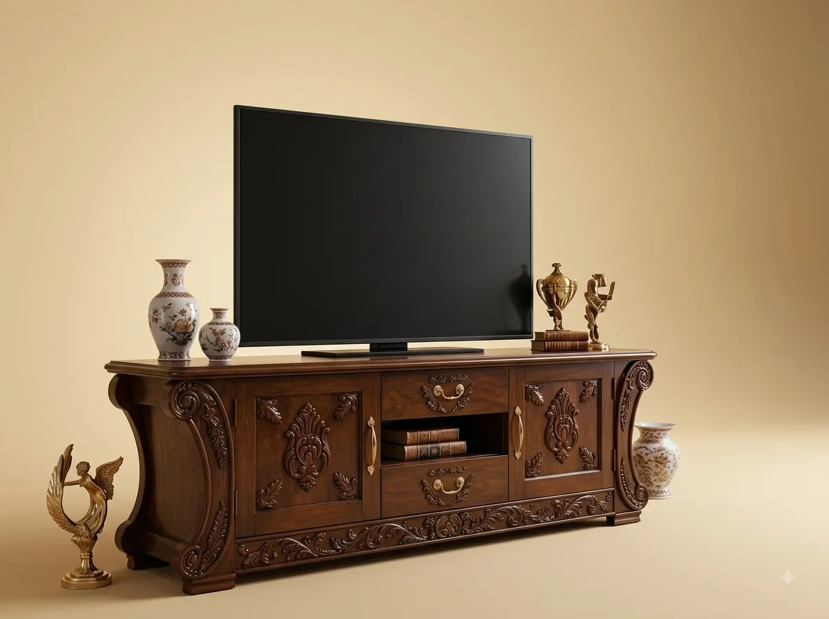 Handcrafted Teak Wood TV Unit | Carved Scroll End Natural Polish Console