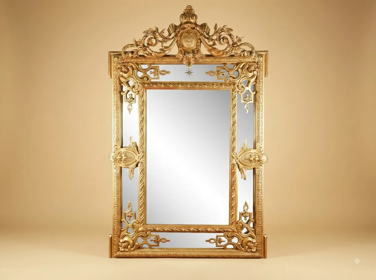 Hand-Carved Teak Wood Marginal Panel Mirror | Gold Fleur-de-Lys Cushion Frame