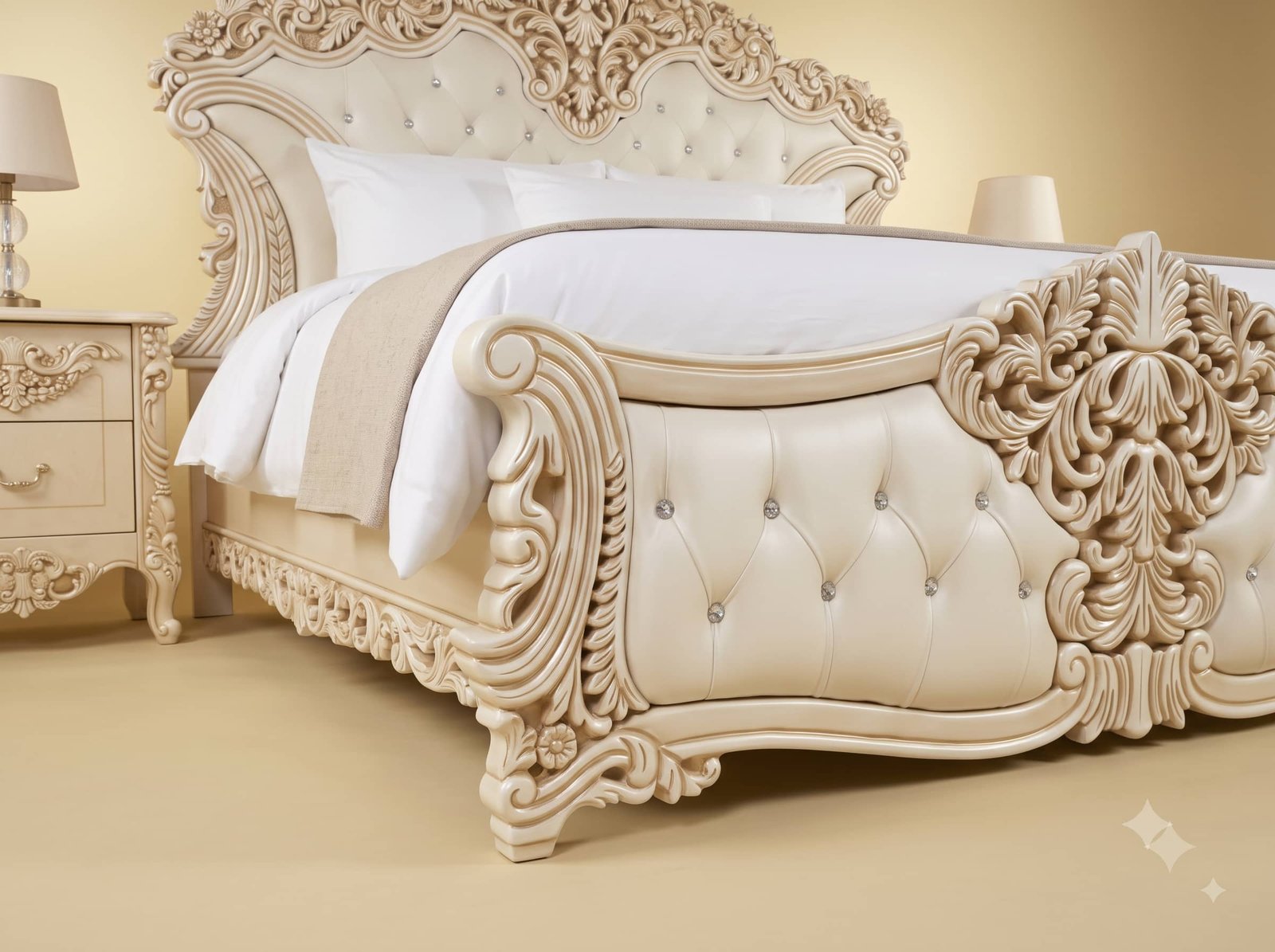 Antique White Bed in Carved Teak - Crystal Tufted Head and Footboard - Image 4