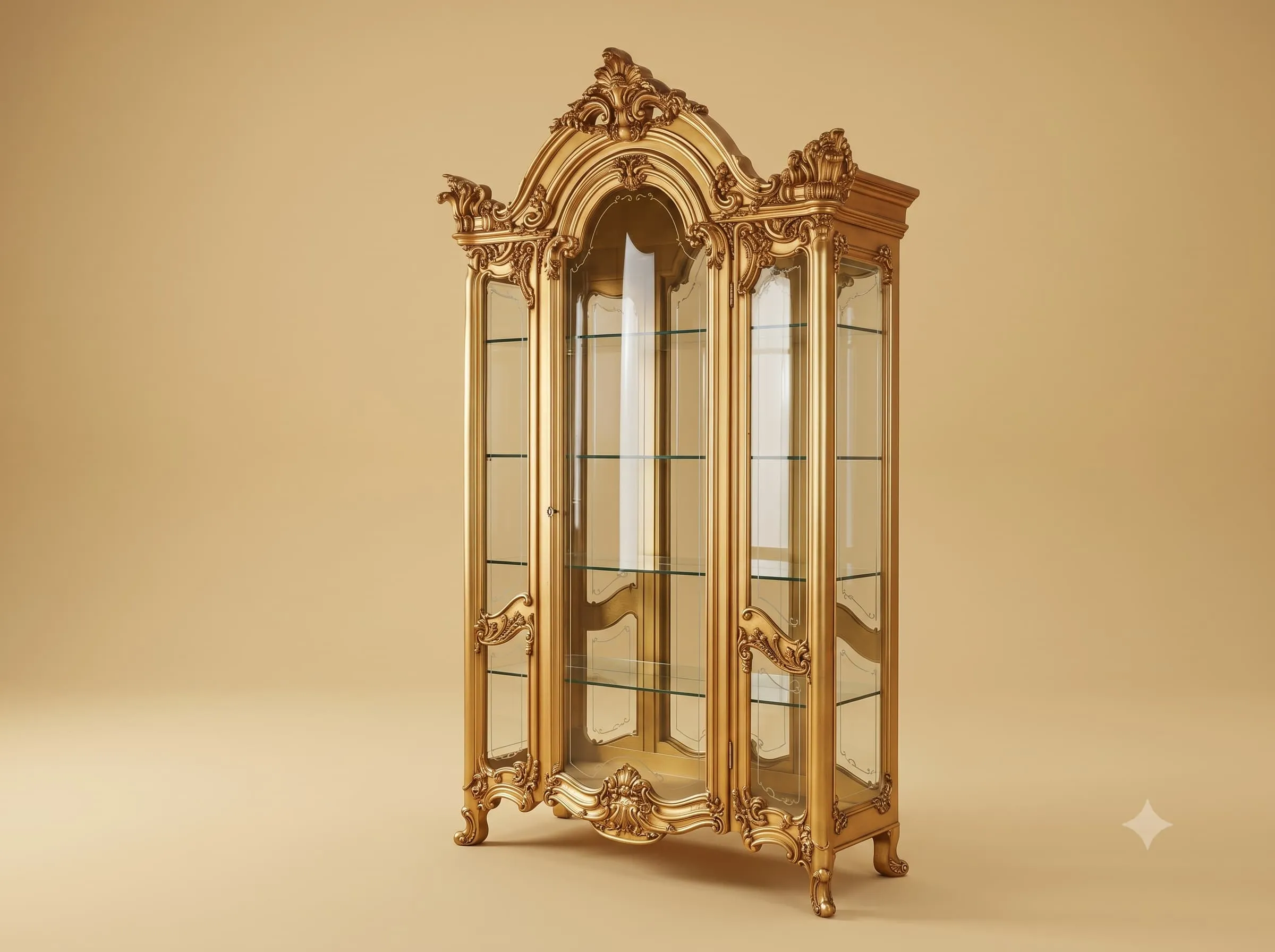 Golden Display Cabinet in Carved Teak with Arched Centre
