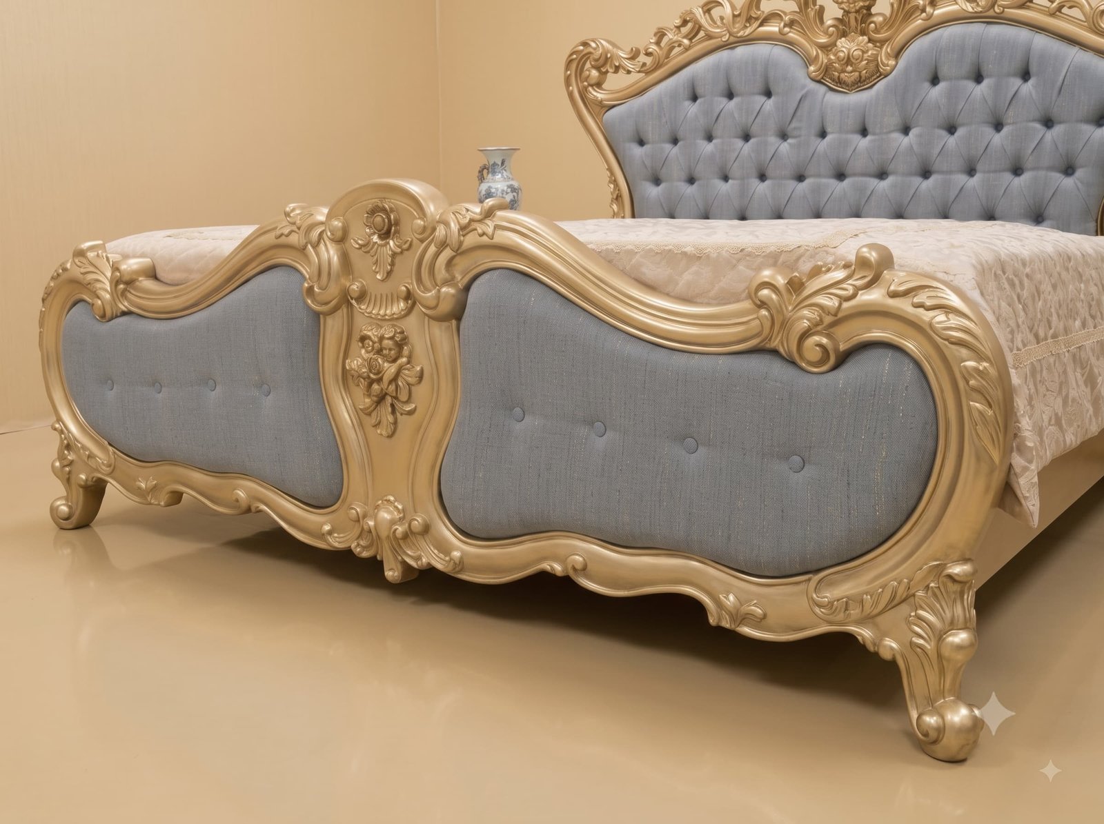 Upholstered Bed Design in Carved Teak - Grey Blue with Champagne Gold - Image 3