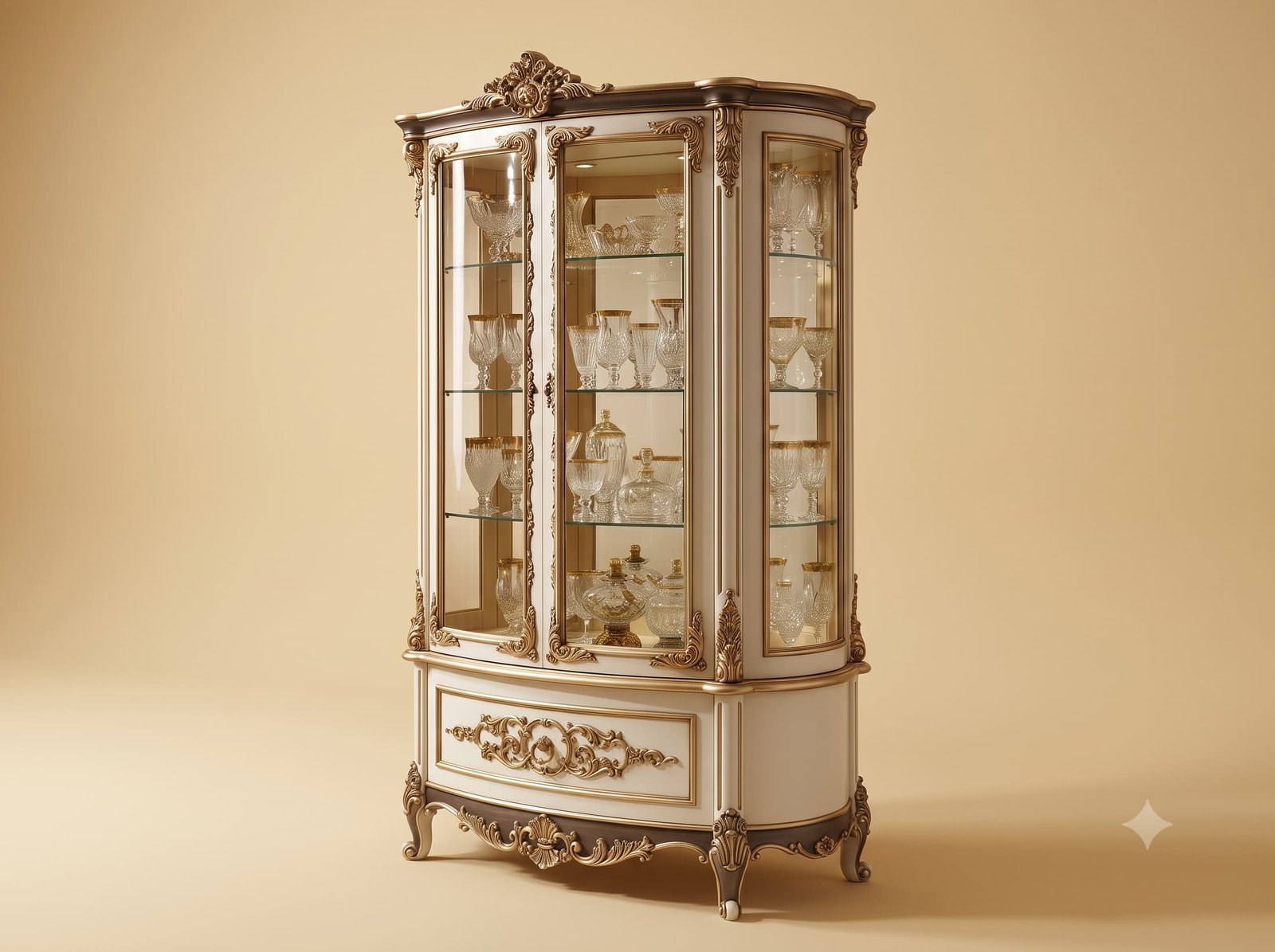 Glass Showcase in Carved Teak with Curved Glass Ends