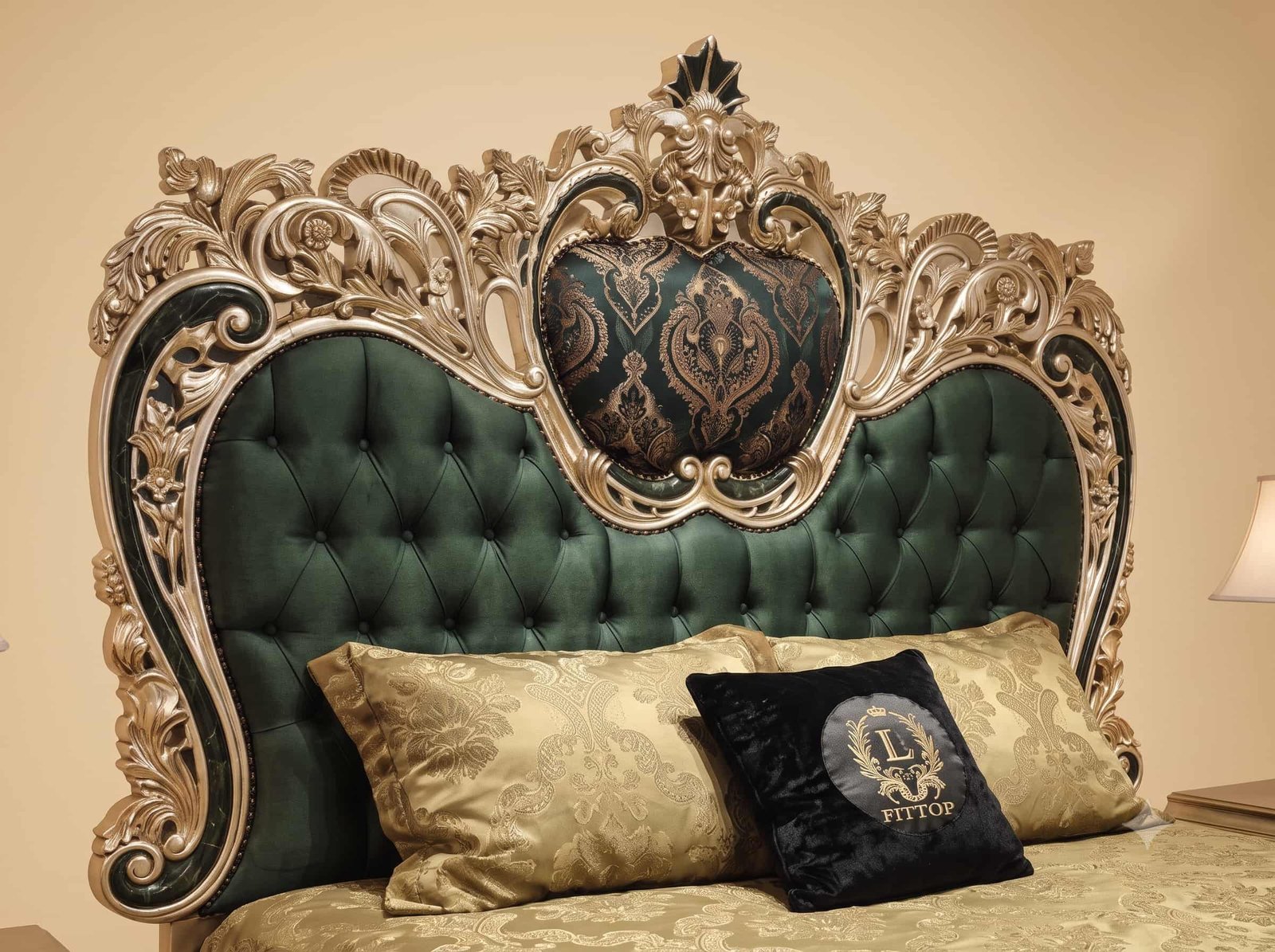 Emerald Green Bed in Carved Teak - Silver Frame with Tufted Headboard - Image 3