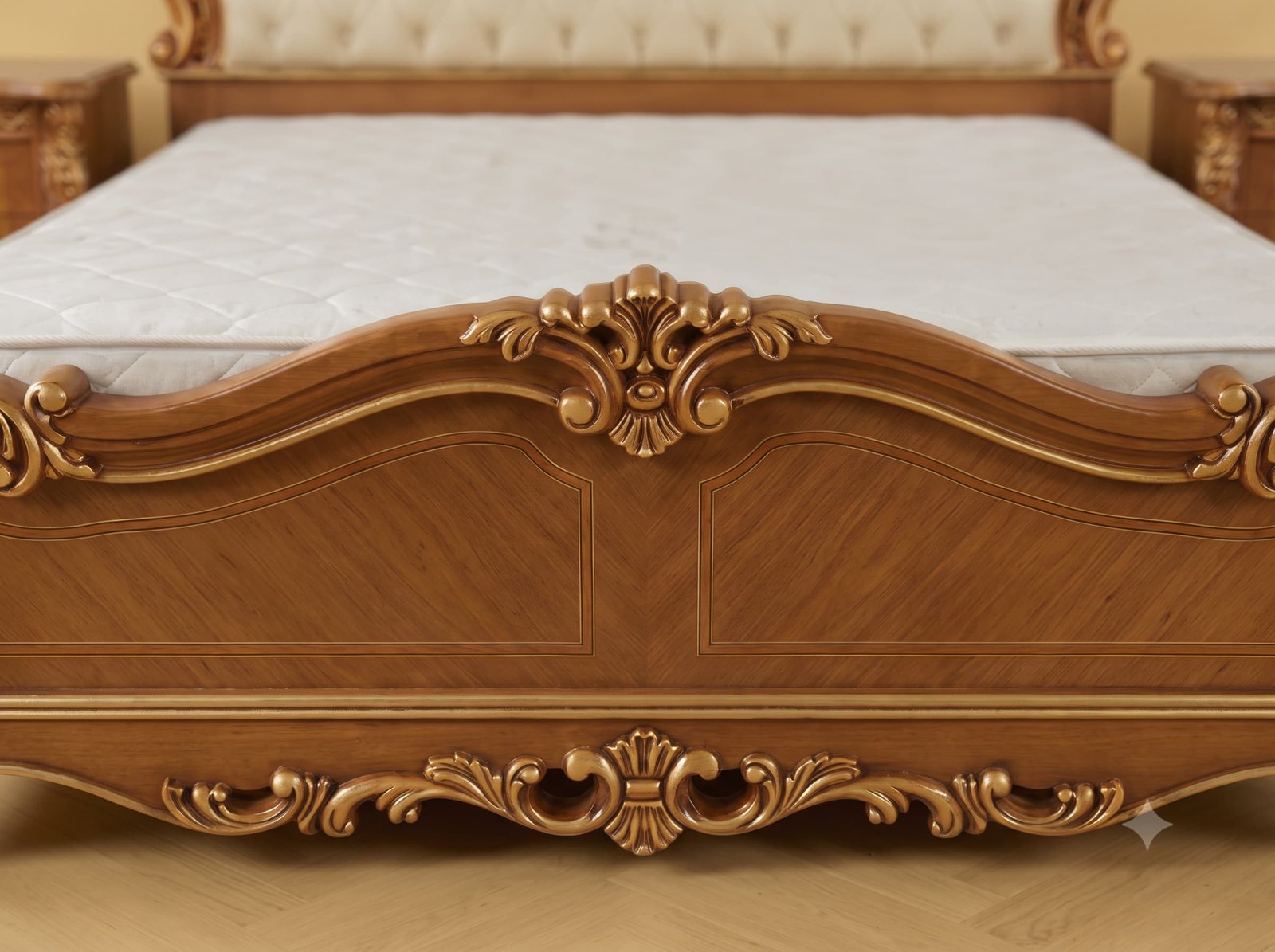 Wooden Bed with Cushion Headboard in Teak - Honey Finish with Gold - Image 4