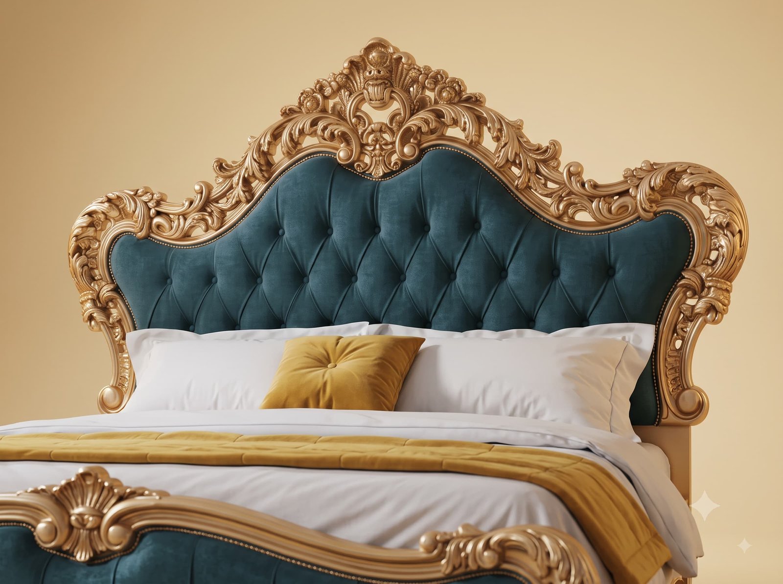 Designer Bed in Carved Teak - Teal Velvet with Champagne Gold Frame - Image 4