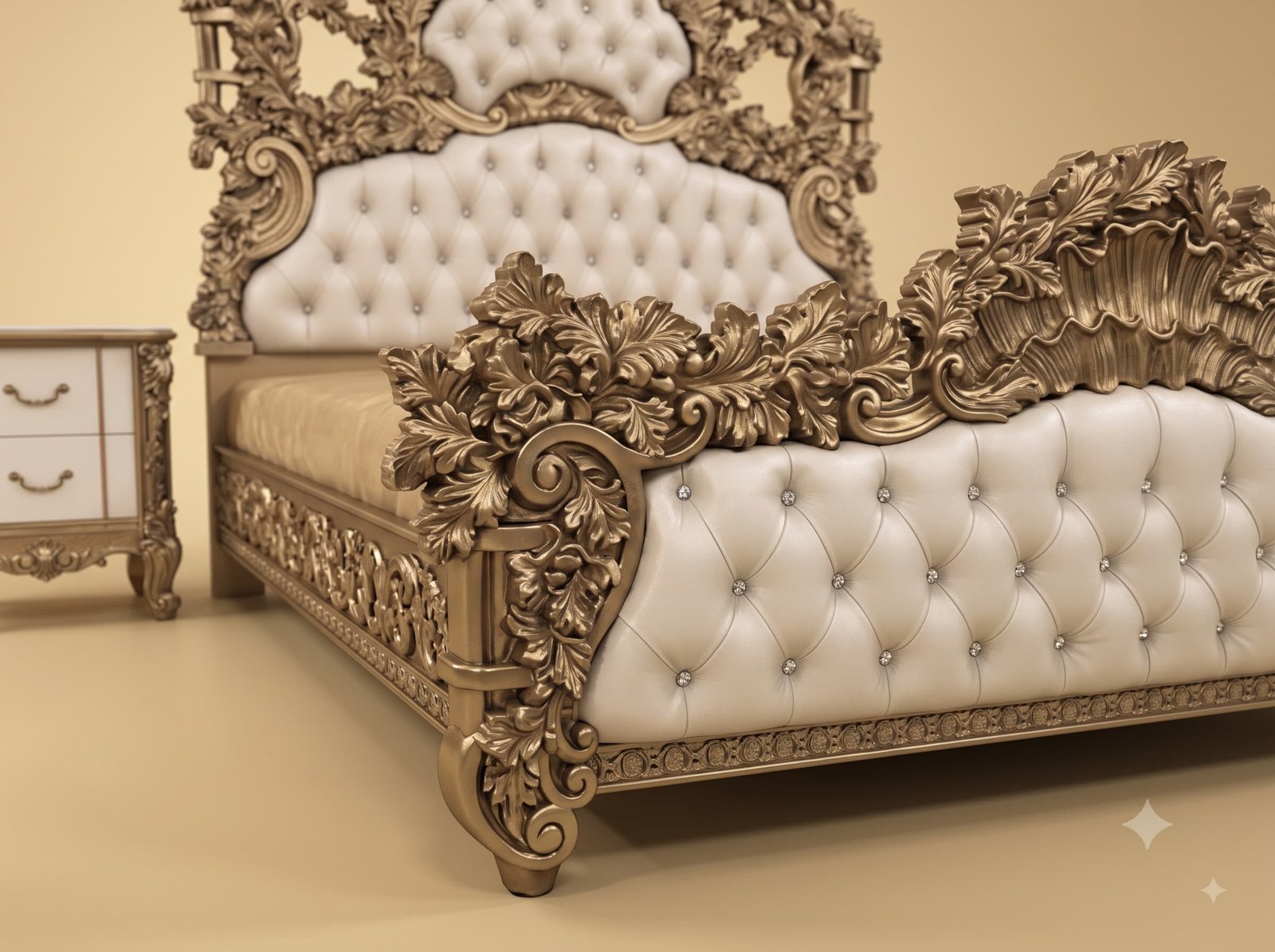 Antique Bed Design in Carved Teak - Vine Carving with Tufted Panels - Image 4