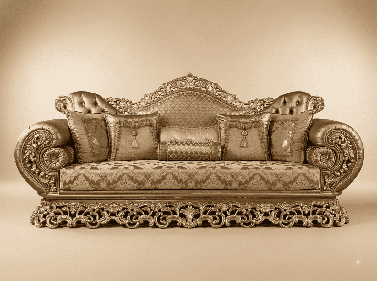 Royal Luxury Handcrafted Carved Teak Sofa | Champagne Scroll Arm Design