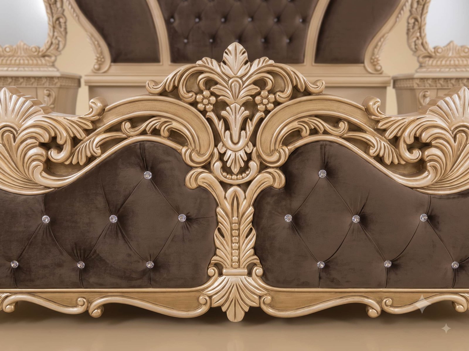 Designer Bedroom Set in Carved Teak - Cream Frame with Brown Velvet - Image 3