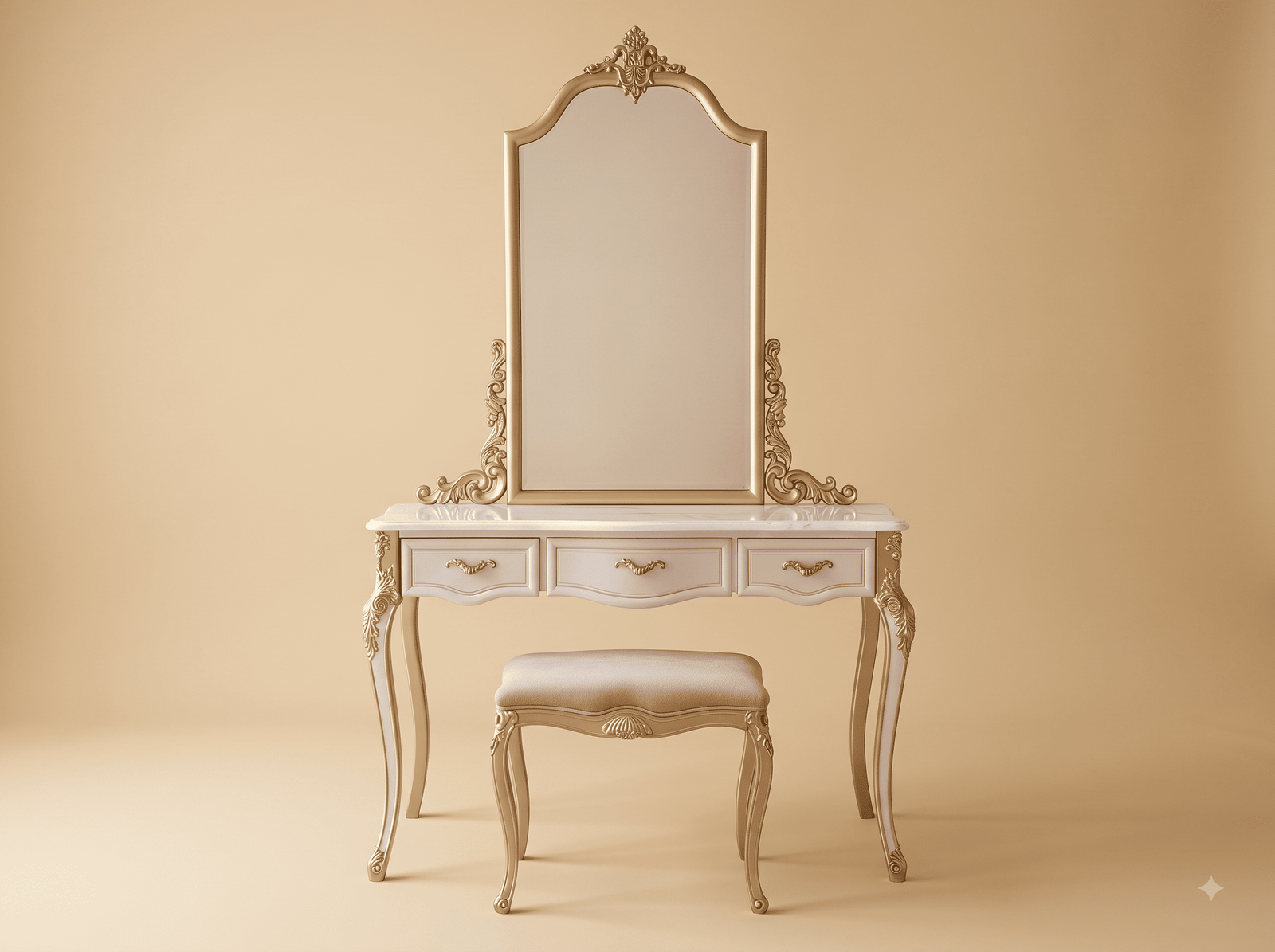 Narrow Dressing Table in Carved Teak - Champagne with Tall Arched Mirror