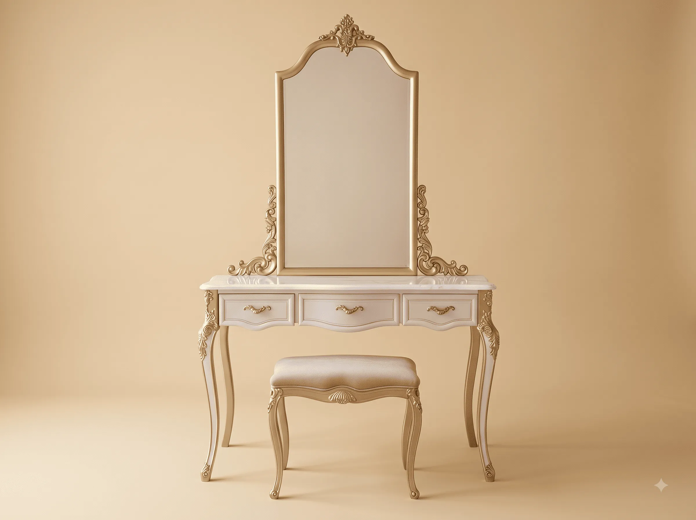 Narrow Dressing Table in Carved Teak - Champagne with Tall Arched Mirror