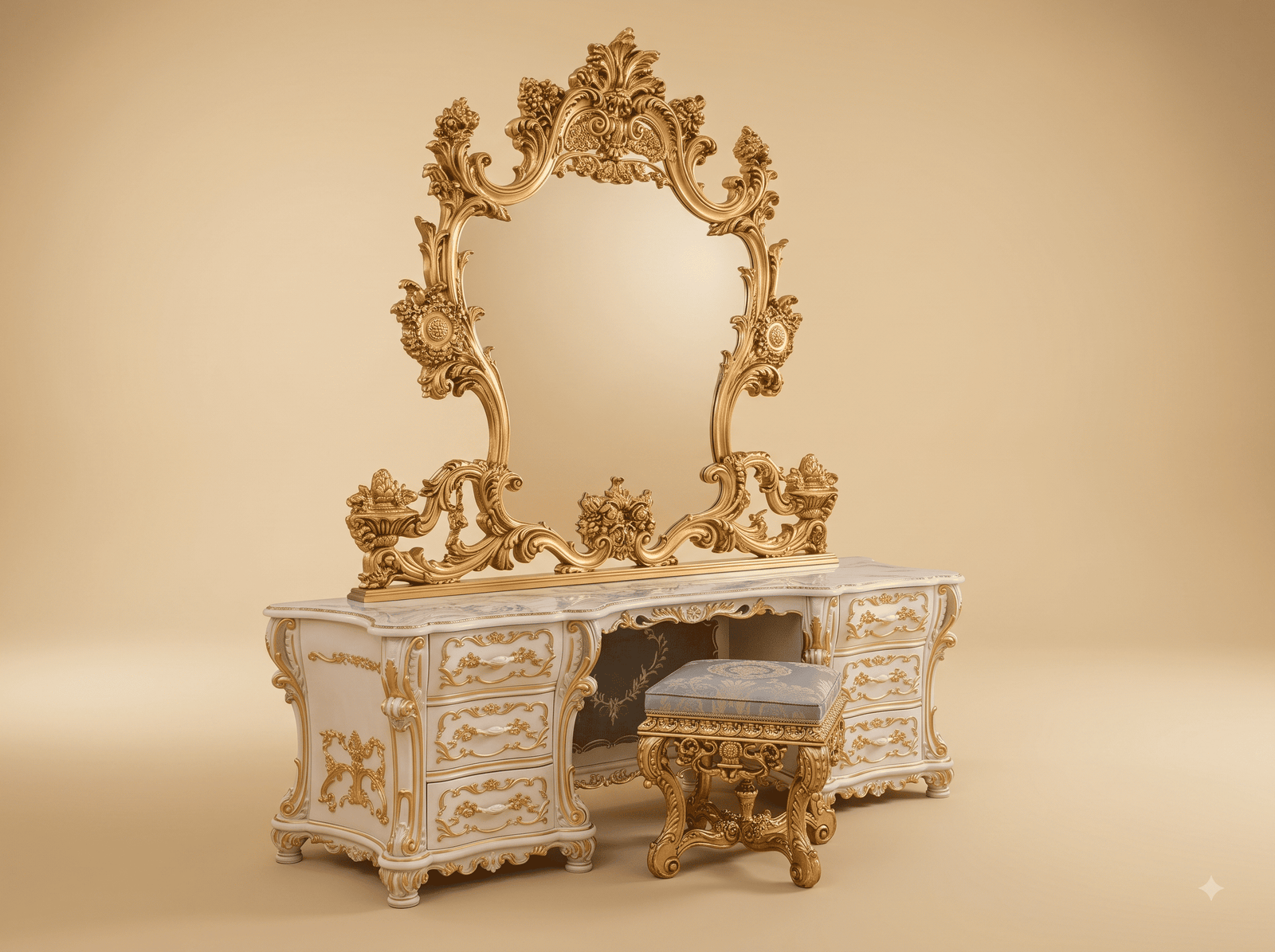 Marble Top Dressing Table in Carved Teak - White and Gold with Stool