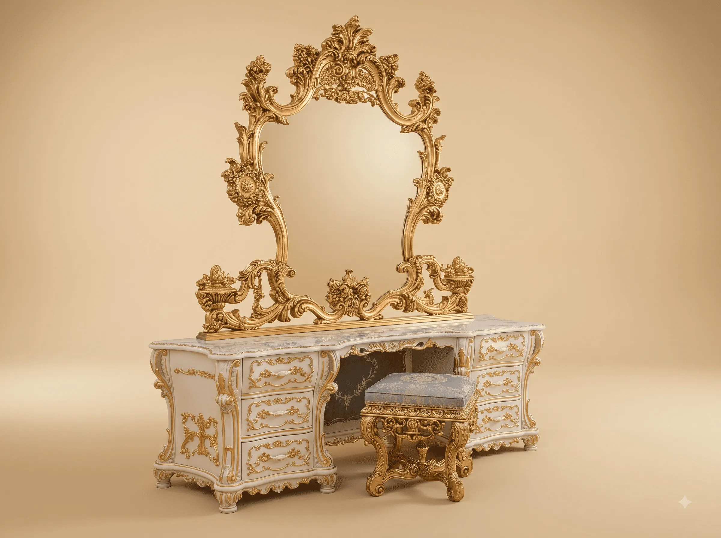 Marble Top Dressing Table in Carved Teak - White and Gold with Stool