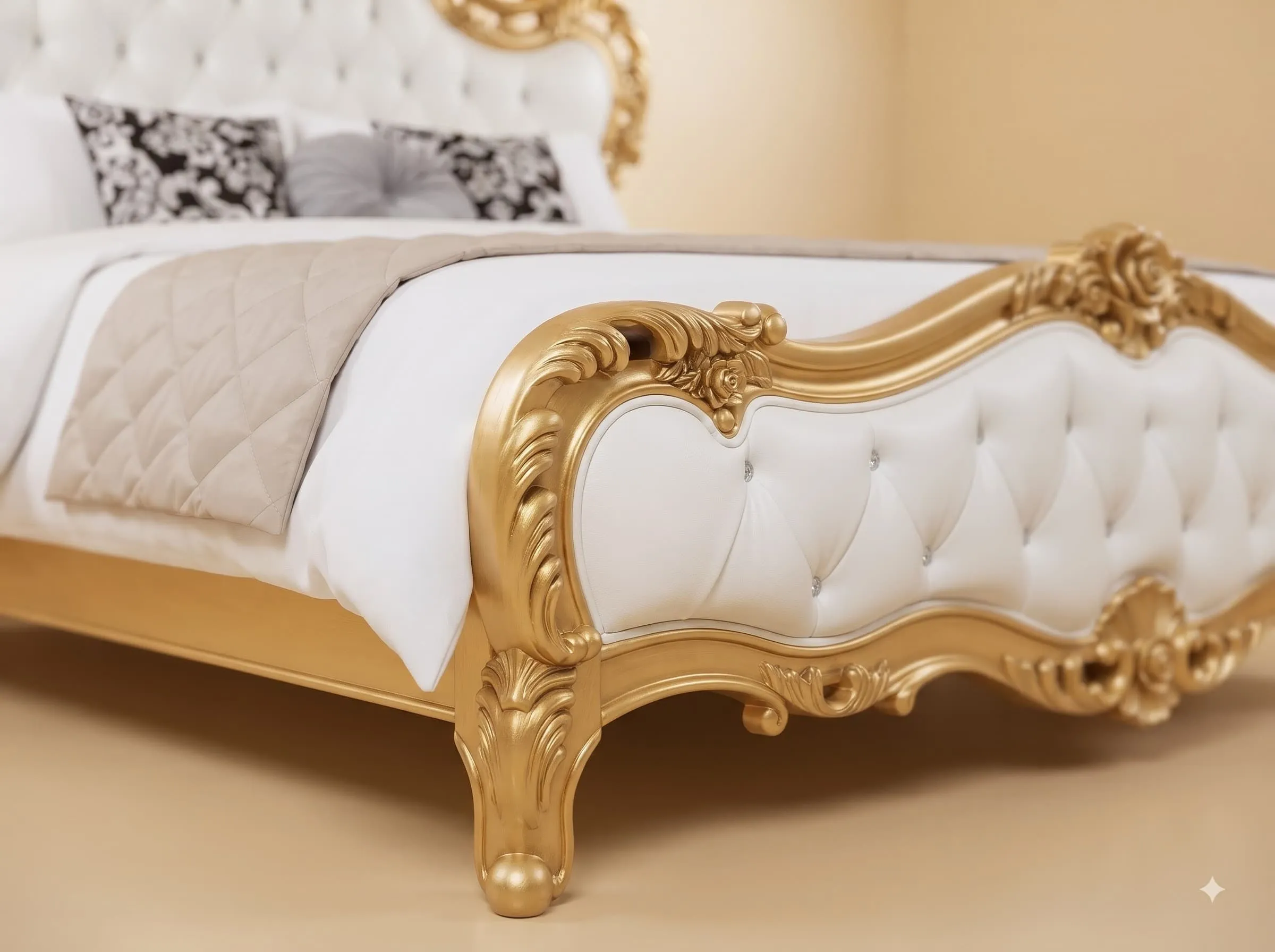 White and Gold King Size Bed - Carved Teak Rose Crest, Crystal Tufted
