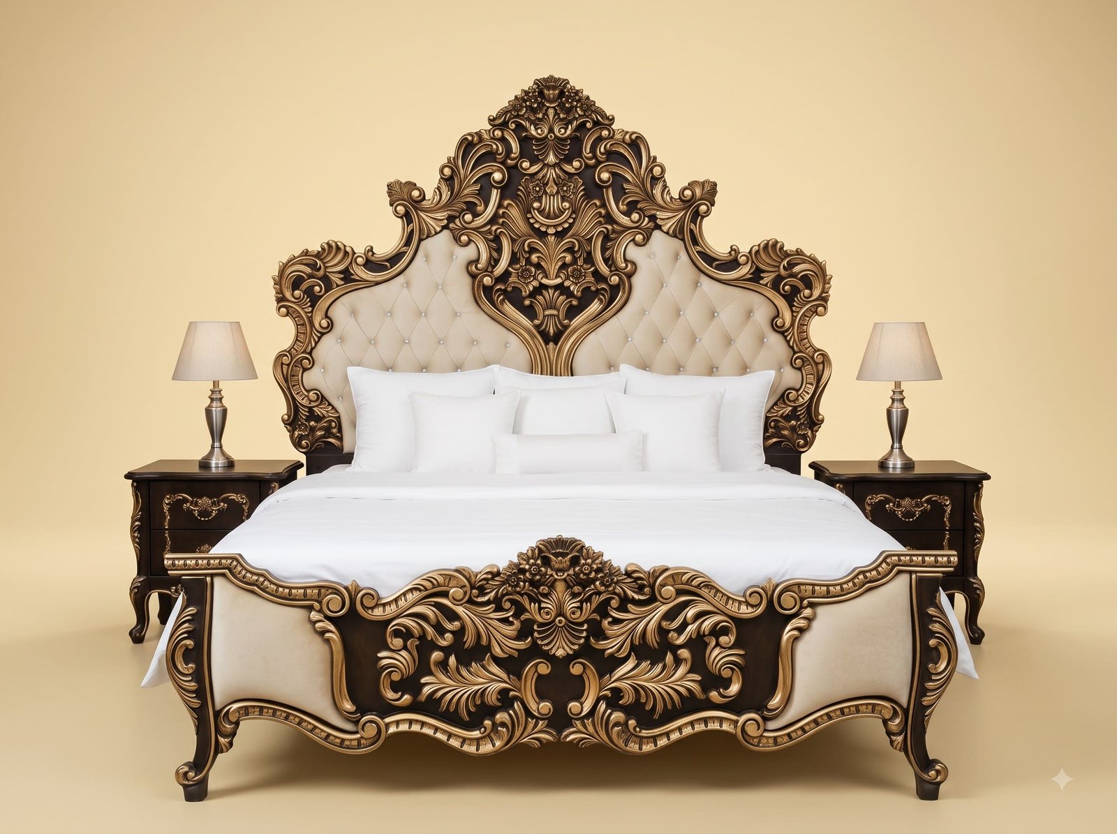 Royal Luxury Handcrafted Carved Teak Wood King Size Bed | Gold Tufted Headboard