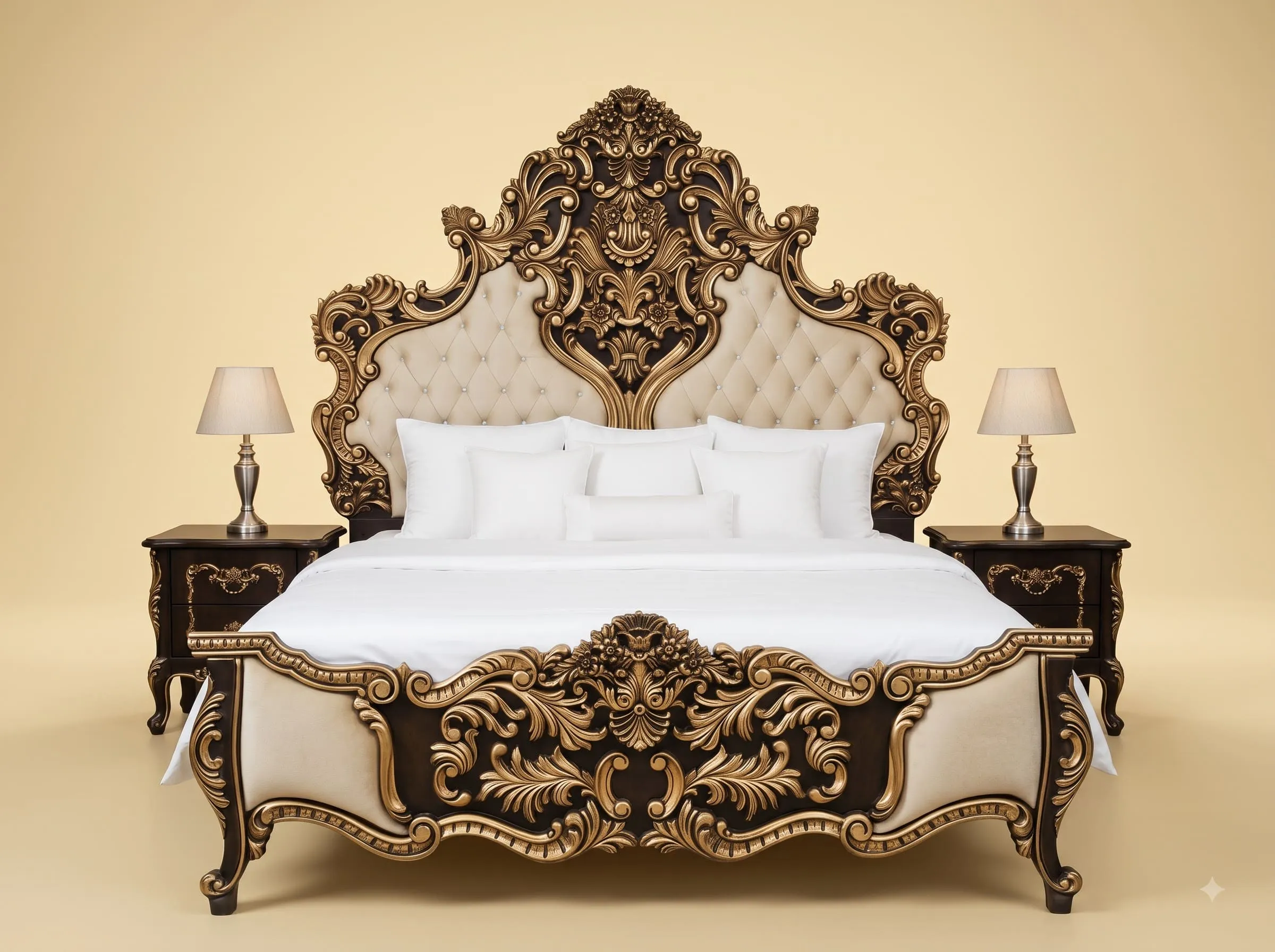 Royal Luxury Handcrafted Carved Teak Wood King Size Bed | Gold Tufted Headboard