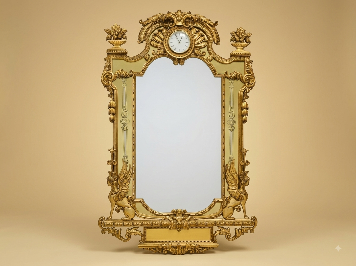 Hand-Carved Teak Wood Clock Mirror | Gold Griffin and Urn Overmantel Frame