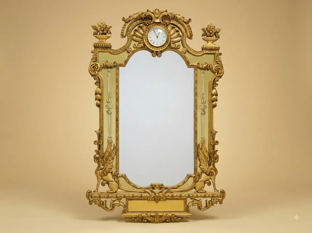 Hand-Carved Teak Wood Clock Mirror | Gold Griffin and Urn Overmantel Frame