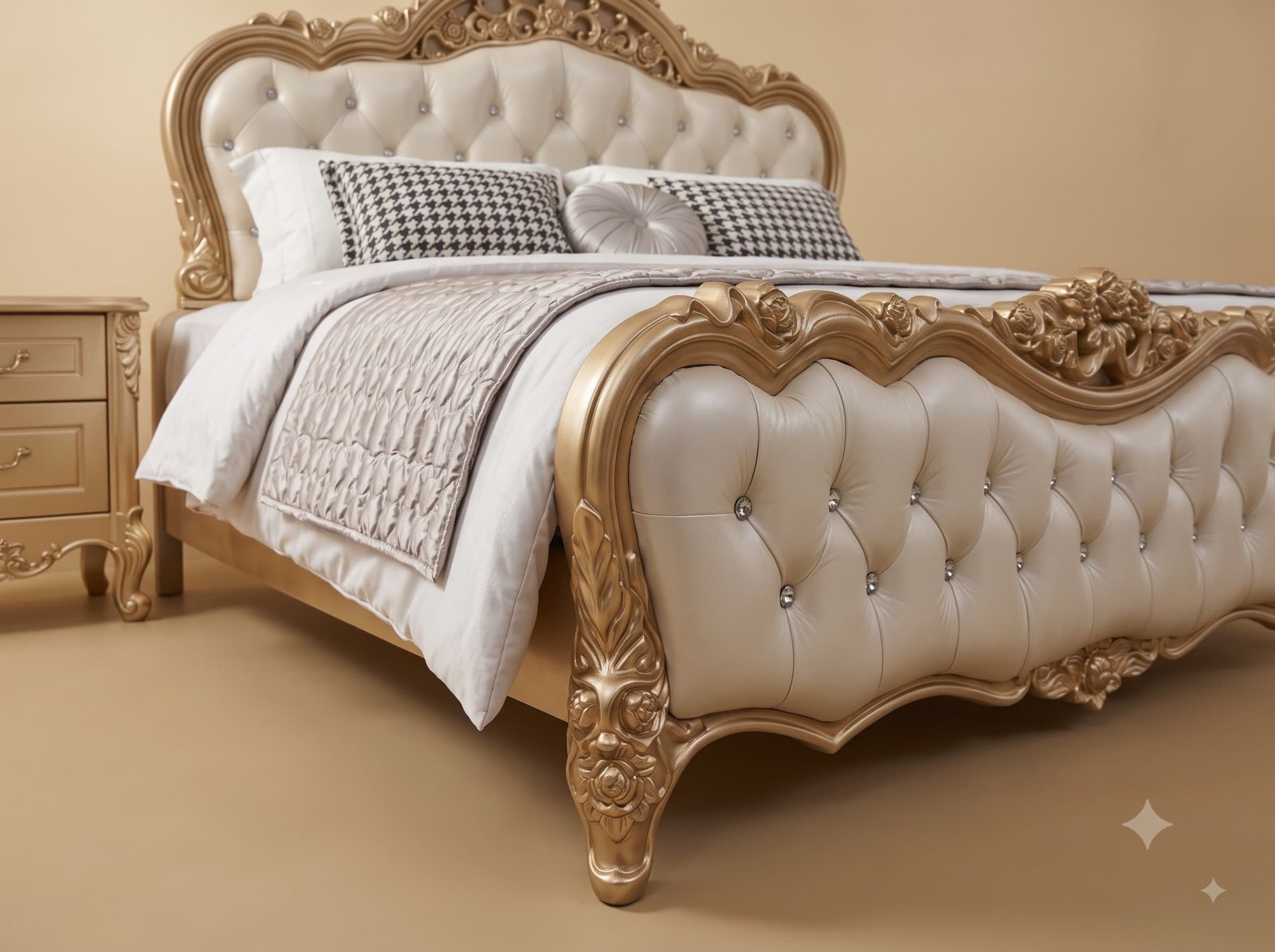 Double Bed Design in Carved Teak - Cream Tufted with Champagne Gold - Image 2