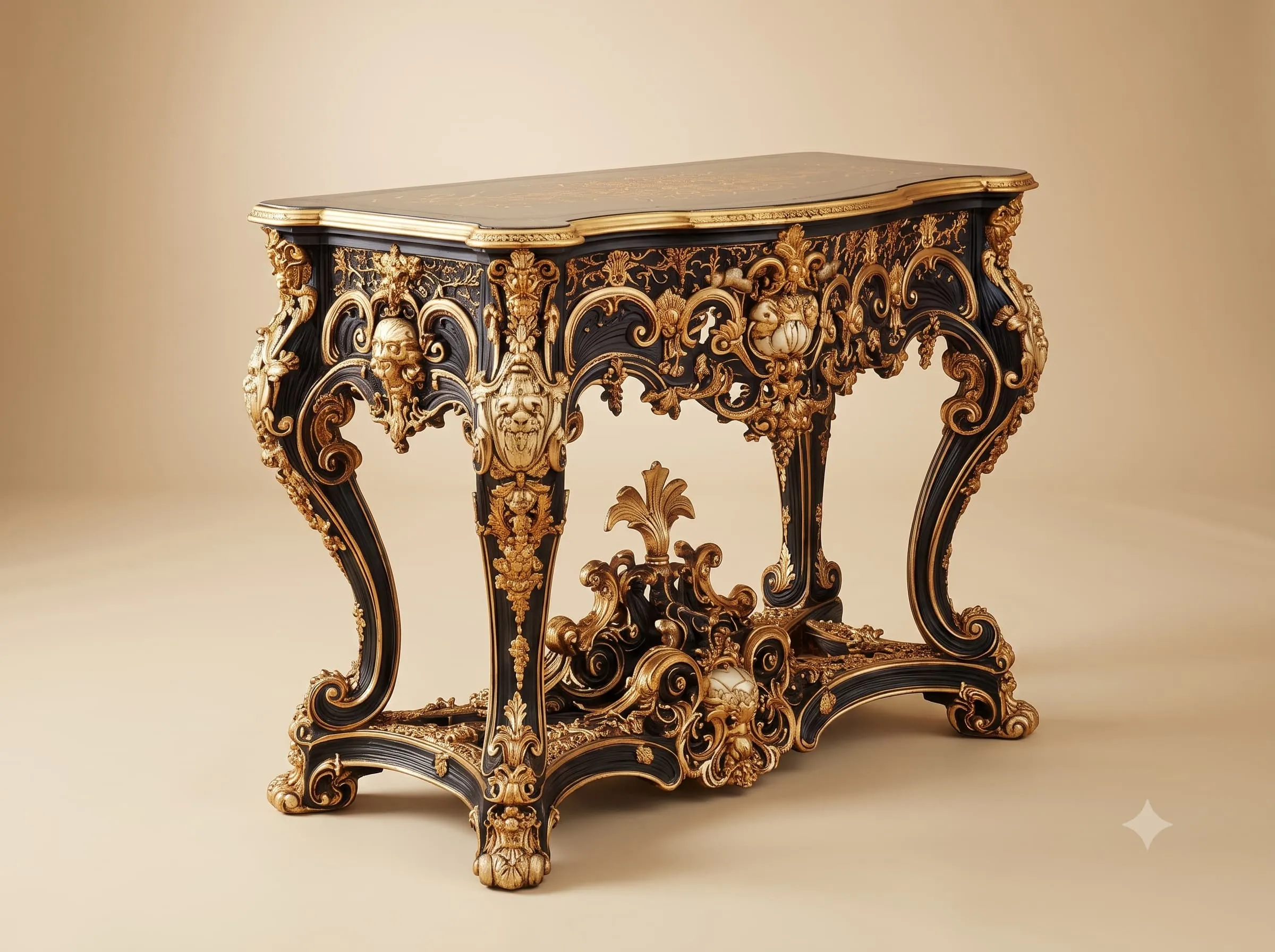 Black and Gold Console Table in Carved Teak with Platform Base