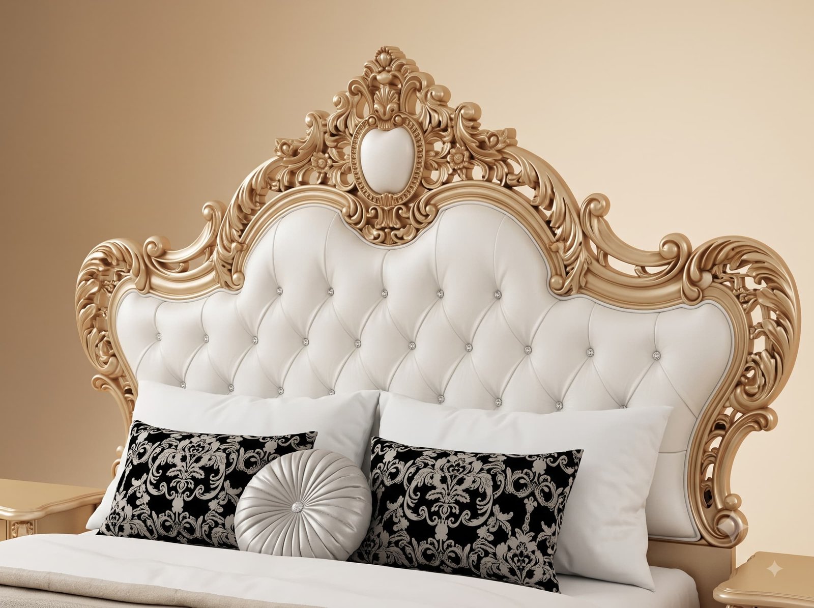 White Bed Design in Carved Teak - Buttoned Panels with Gold Frame - Image 4
