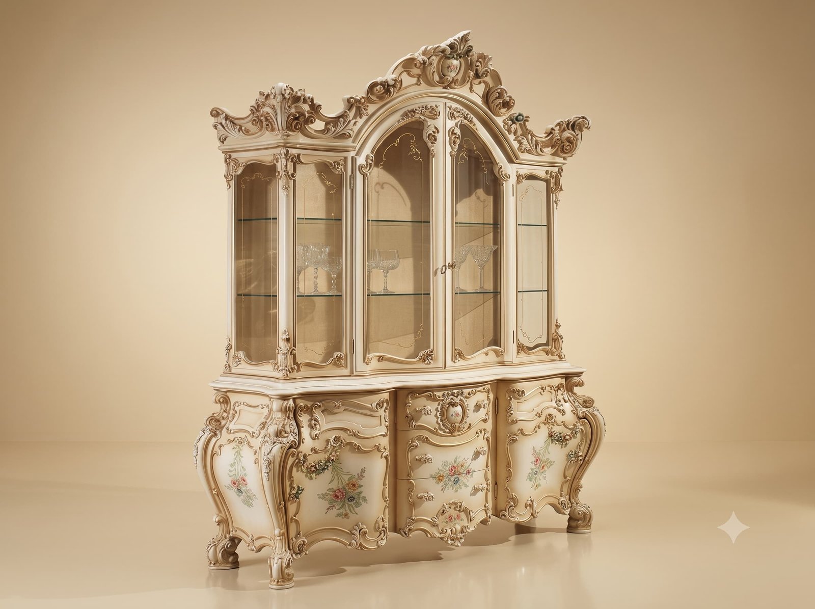 Display Cabinet for Living Room in Carved Teak with Bombe Base