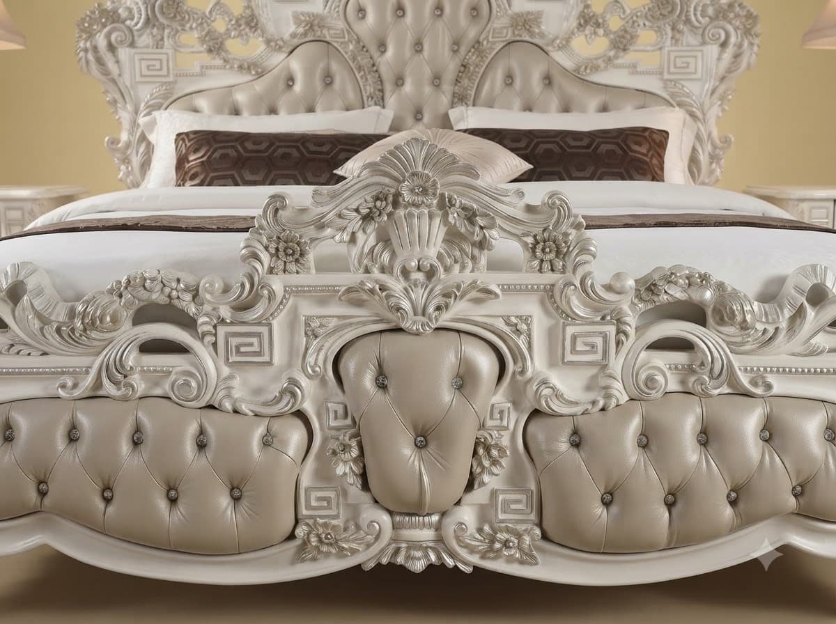White King Size Bed with Tufted Footboard - Carved Teak Greek Key Design - Image 3