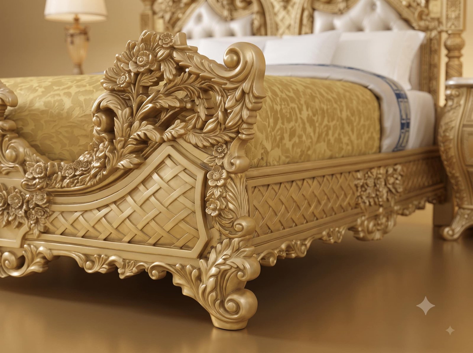 Luxury Gold Carved Teak Bed with Ornate Floral Headboard - Image 2