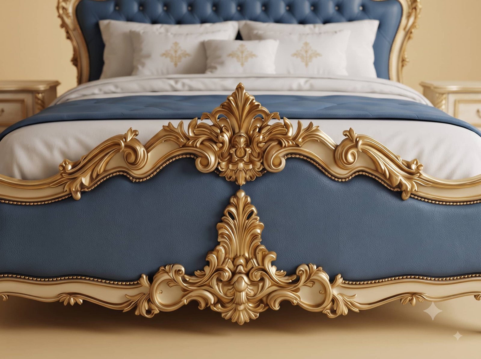 Blue Bed Design in Carved Teak - Ivory and Gold Frame with Tufted Head - Image 2