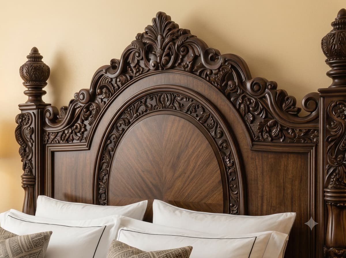 Wooden Double Bed in Carved Teak - Tall Arched Headboard with Posts - Image 4