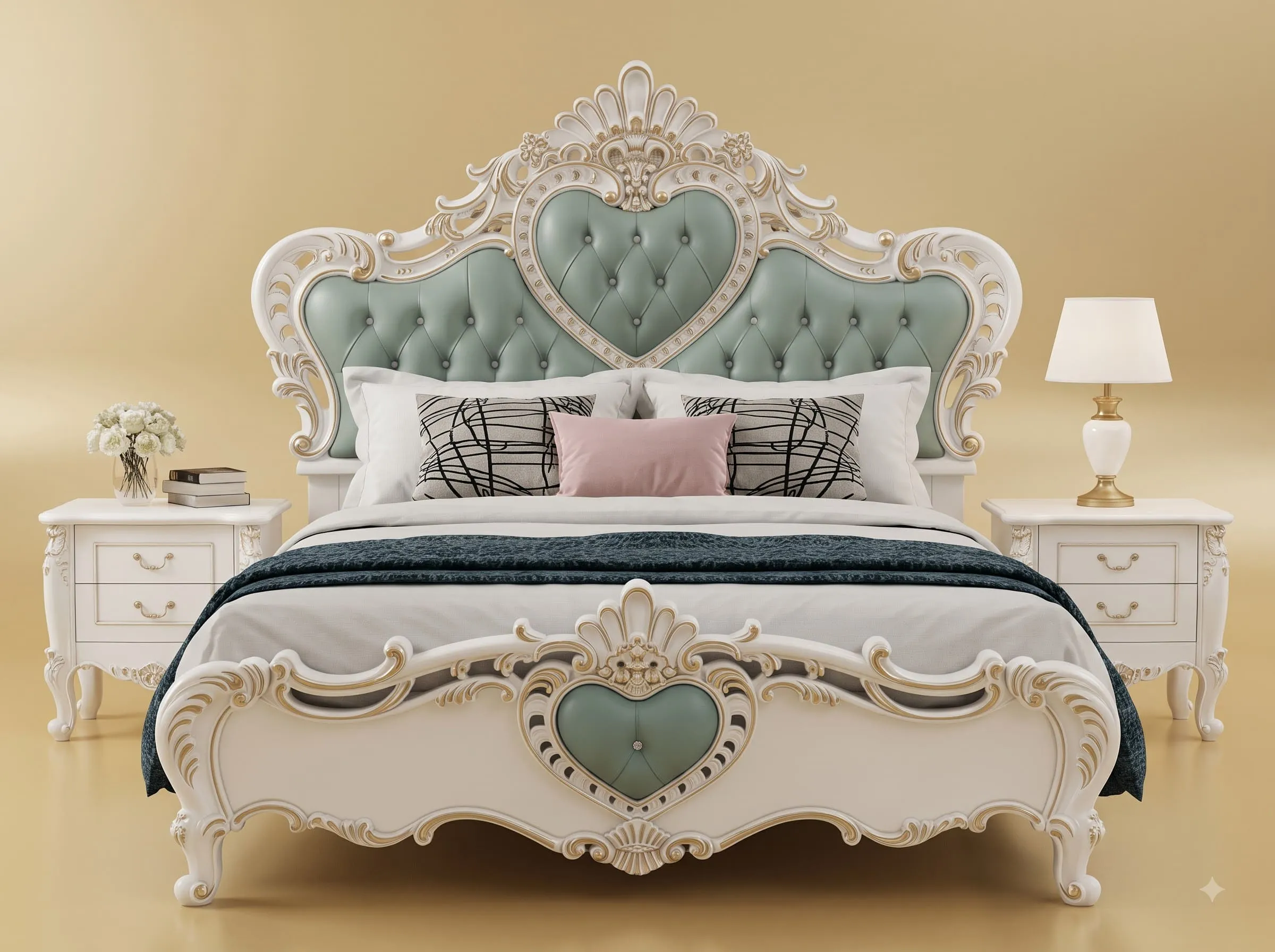 Sage Green Bed in Carved Teak - White Bedroom Set with Bedsides