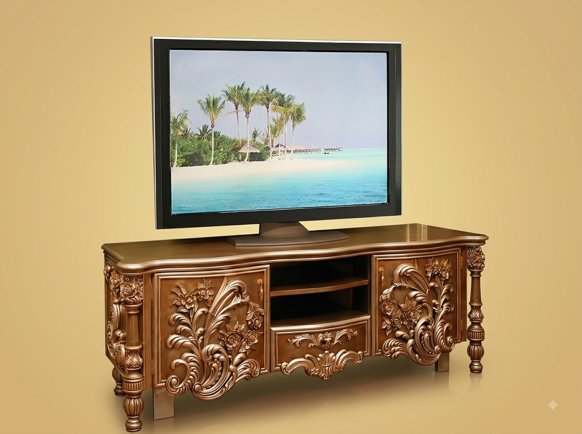 Handcrafted Teak Wood TV Unit | Royal Luxury Carved Baroque Console Design