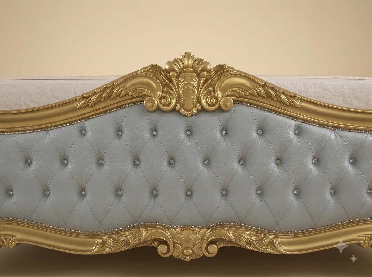 Gold and Grey King Size Bed - Carved Teak with Tufted Headboard - Image 3