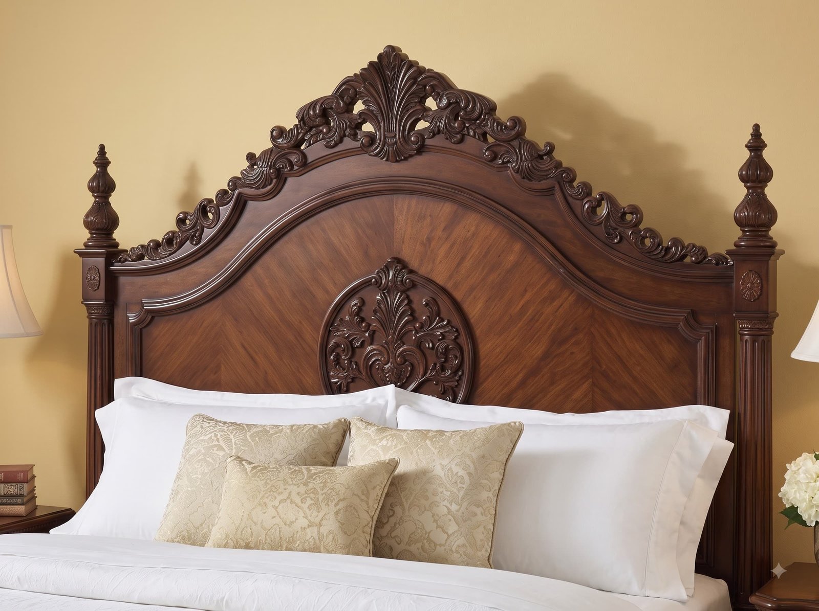 Poster Bed in Carved Teak - Walnut Finish with Arched Crown Headboard - Image 4