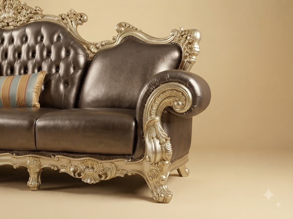 Leather Sofa in Carved Teak - 4 Seater Bronze with Champagne Frame - Image 3