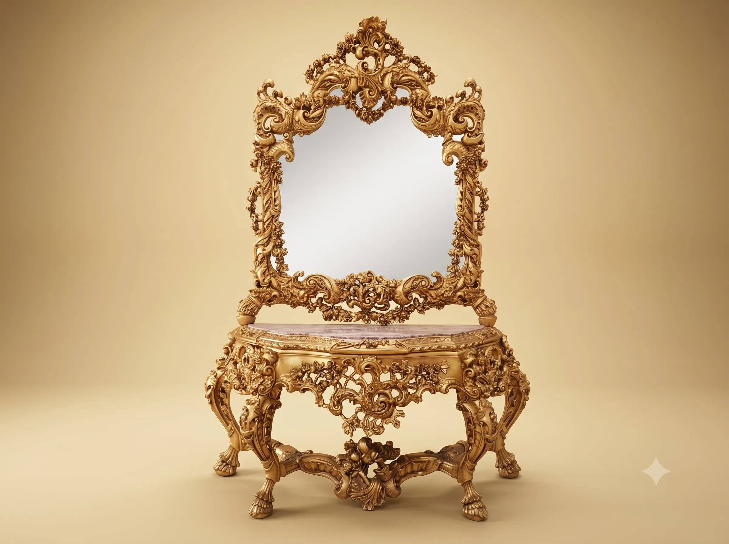Entrance Console Table in Gilded Teak with Carved Mirror