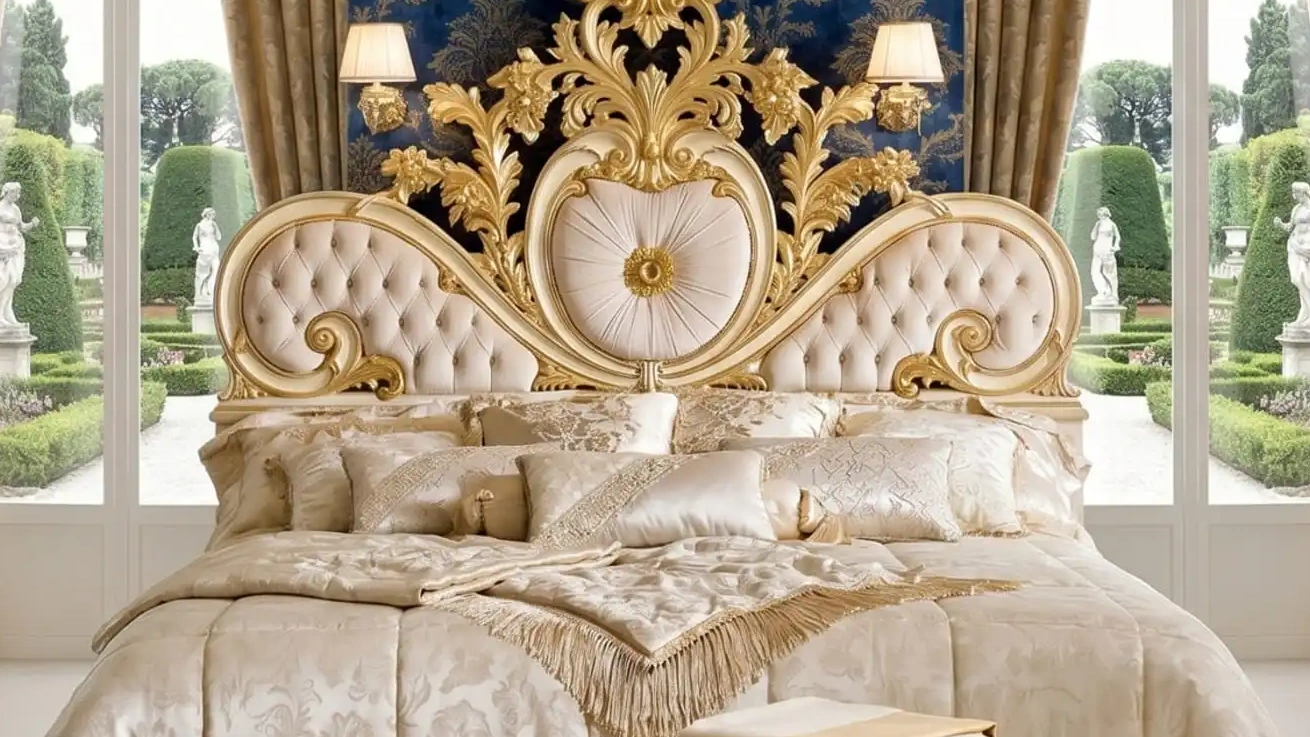 French Baroque Hand-Carved Bedroom Set Featuring Antique Ivory & Gold Leaf Finish, Crystal-Button Tufted Medallion Headboard, Gold Leaf Bench & Full Palace-Style Luxury Furnishings