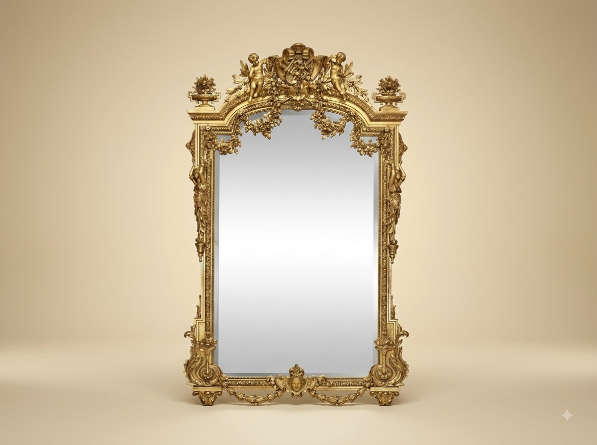 Hand-Carved Teak Wood Arched Overmantel Mirror | Gold Putti and Urn Crest