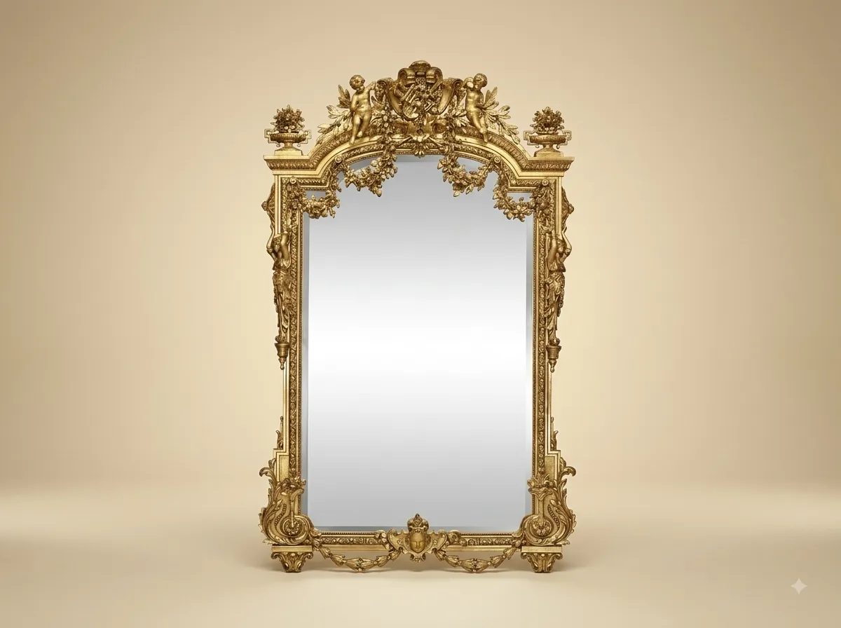 Hand-Carved Teak Wood Arched Overmantel Mirror | Gold Putti and Urn Crest