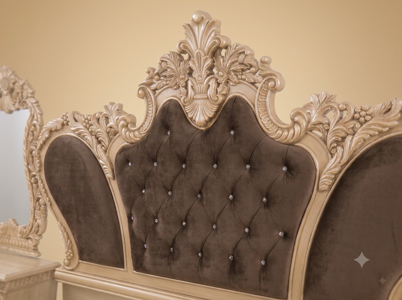 Designer Bedroom Set in Carved Teak - Cream Frame with Brown Velvet - Image 4