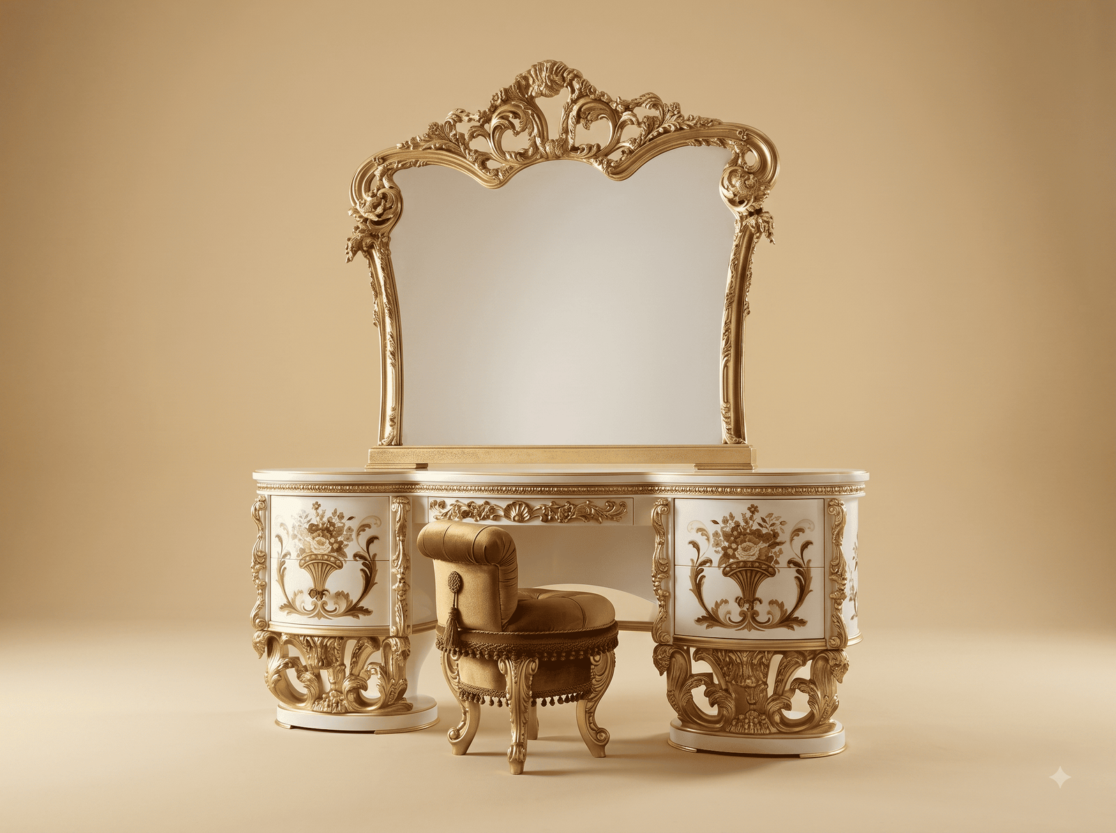 Dressing Table with Stool in Carved Teak - White and Gold Oval Pedestals